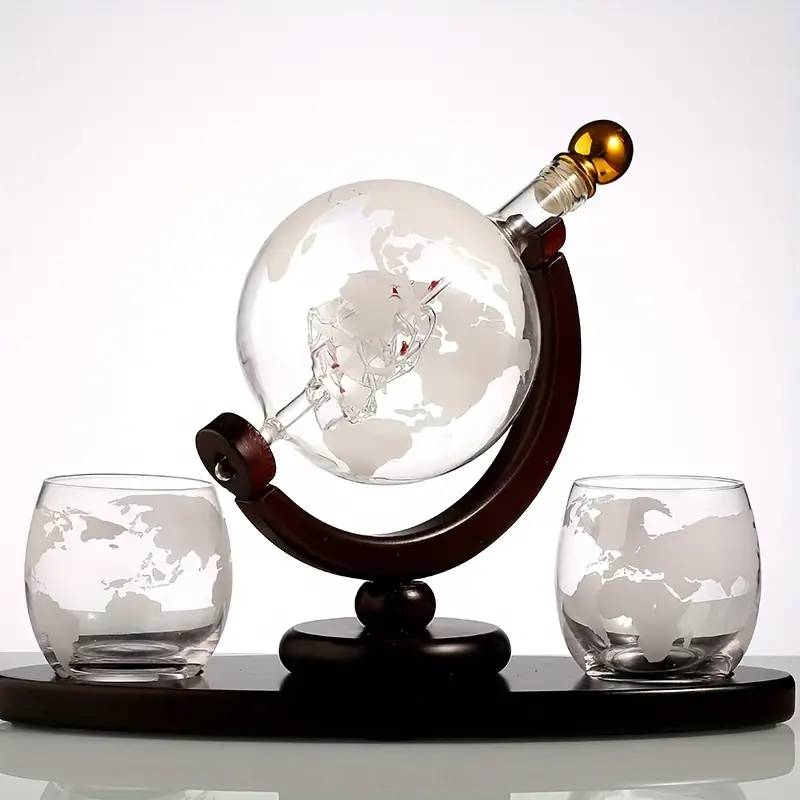 World Globe Decanter With Two Etched Glasses