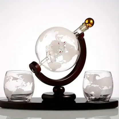 World Globe Decanter With Etched Glasses