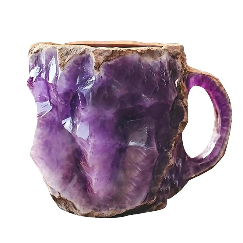 Blue agate crystal-inspired coffee mug with layered stone detailing and a rustic handle.