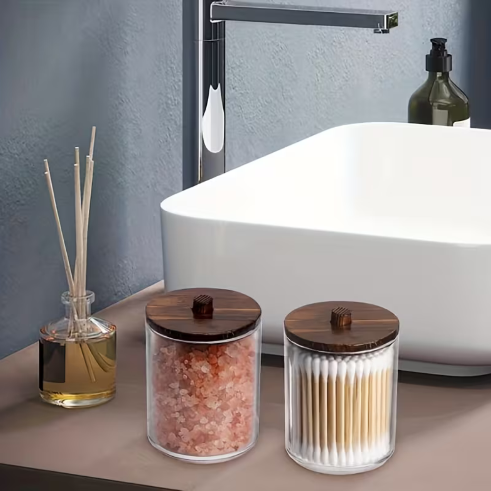 Cotton Swab Dispenser with Bamboo Lid - Bathroom Organizer Box for Q-Tips, Cotton Balls & Pads