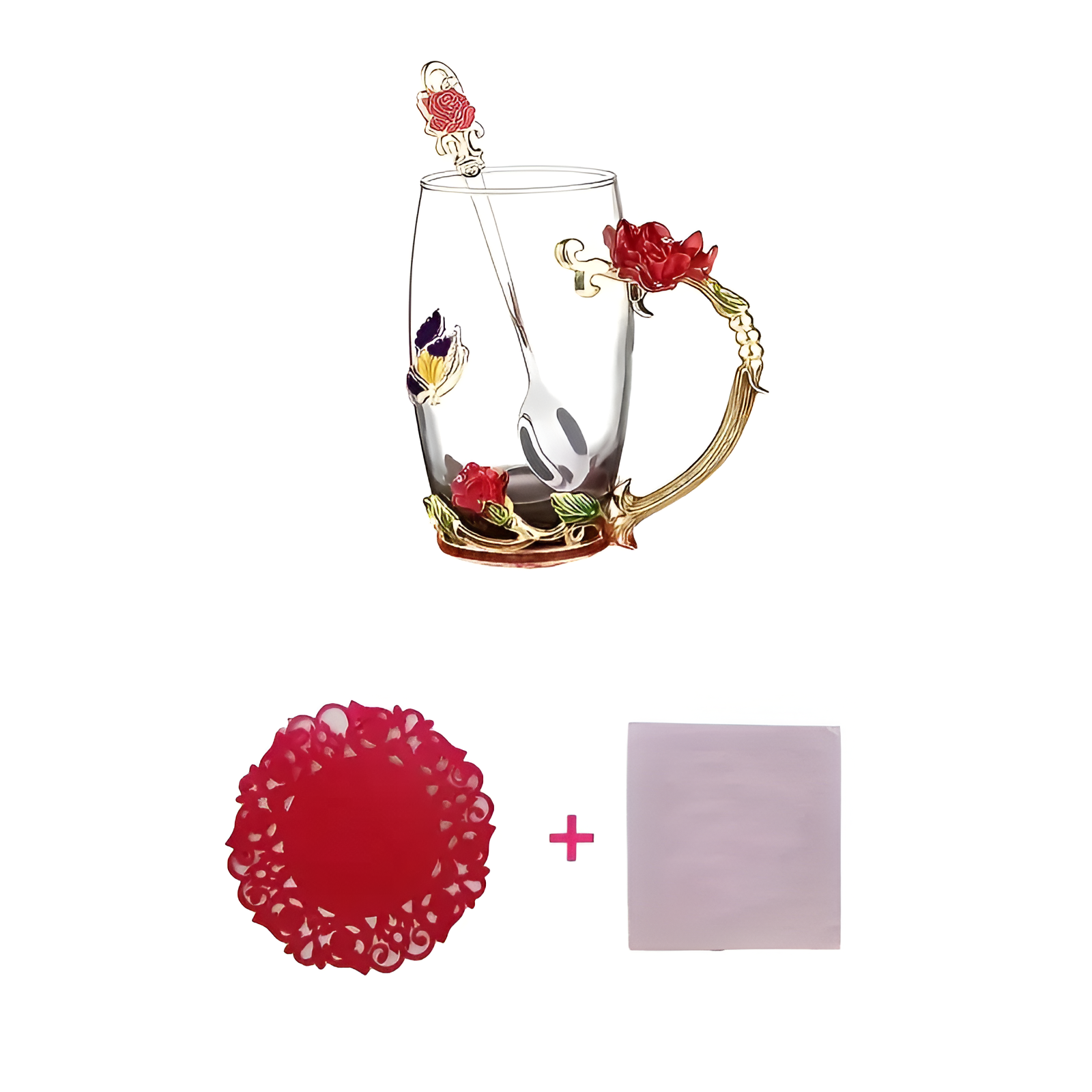Crystal Glass Cup Set With Butterfly Accent And Rose Spoon For Drinks