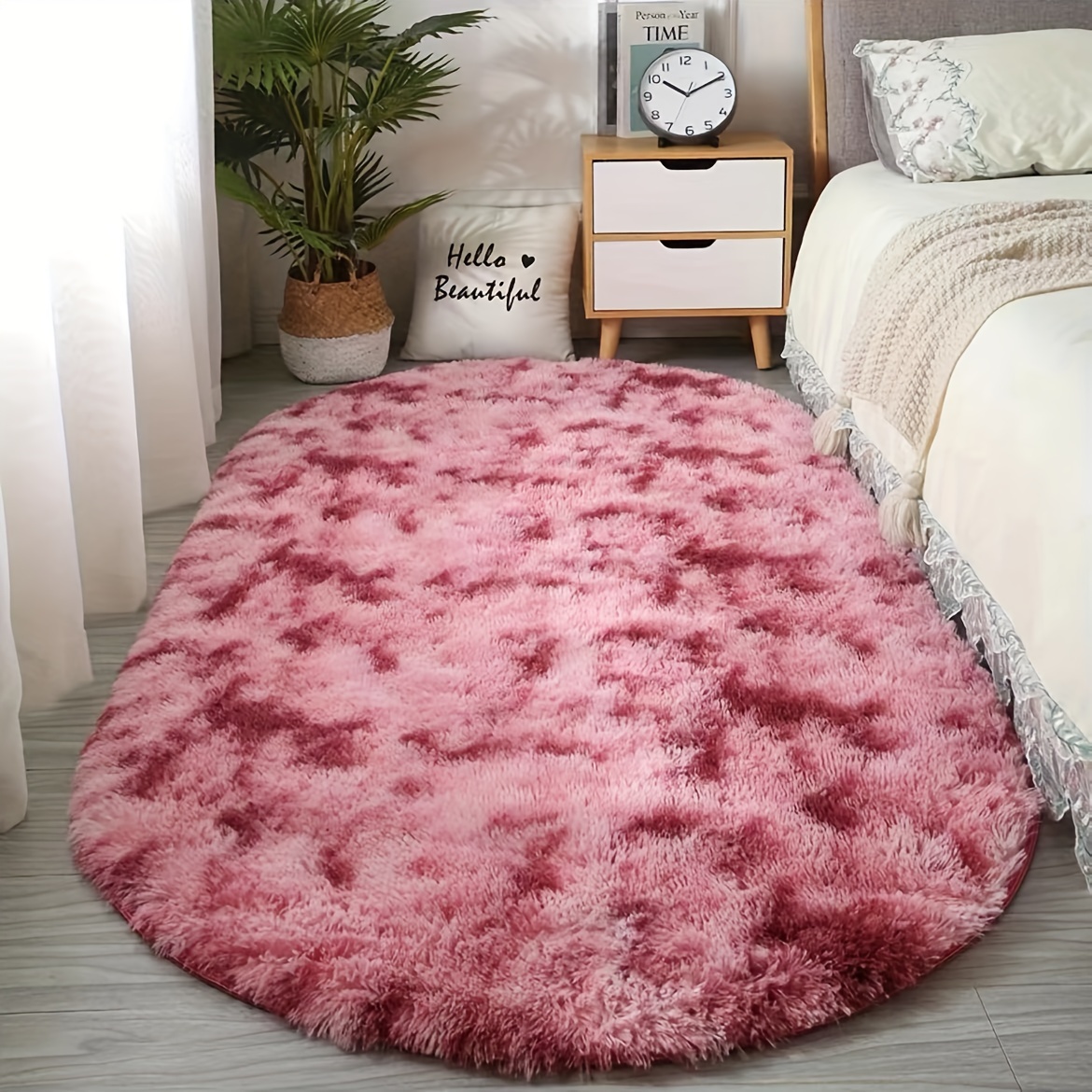 Fluffy Oval Area Rug Non Slip - Soft Plush Shaggy Bedroom Rug with Rubber Backing, Washable Bedside Mat