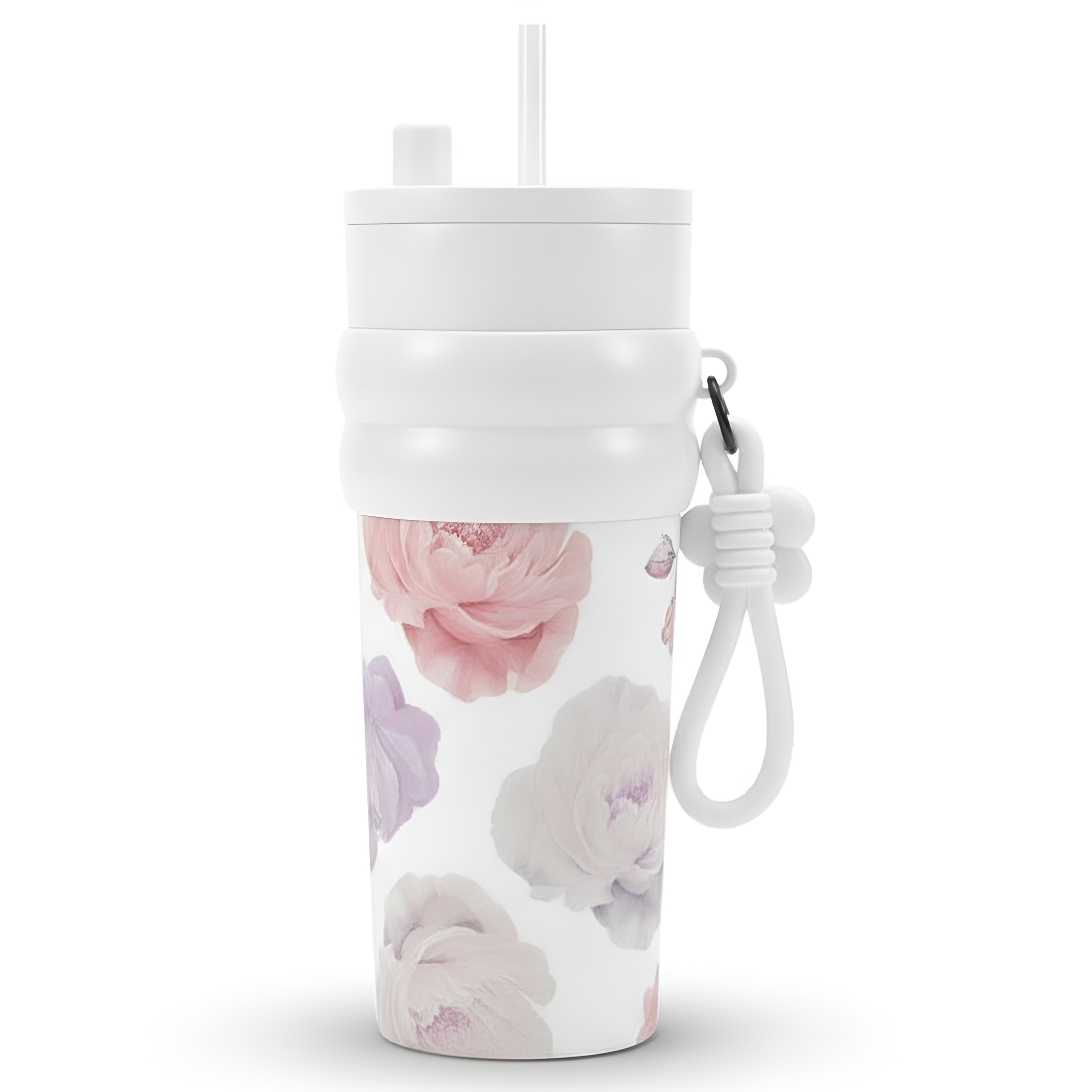 Stainless Steel Floral Pattern Tumbler With Straw And Carry Strap