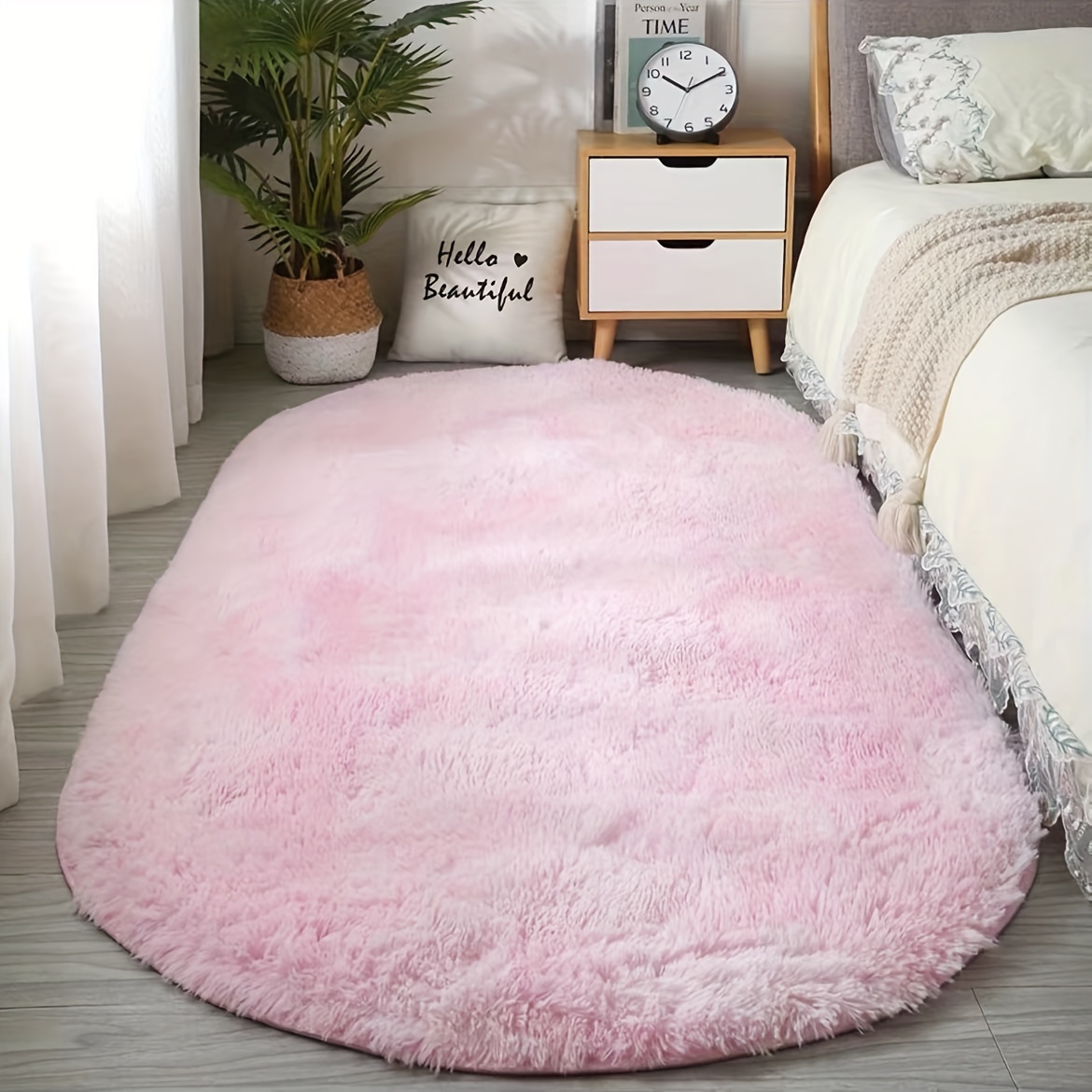 Soft Fluffy Oval Bedroom Rug With Rubber Backing
