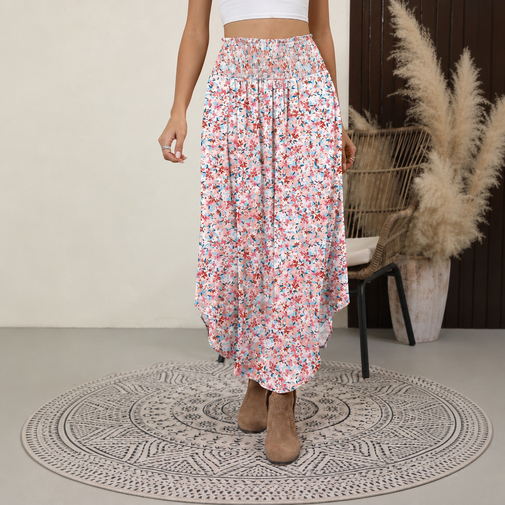 Summer Boho Floral Flowy Pleated Maxi Skirts With Pockets For Women
