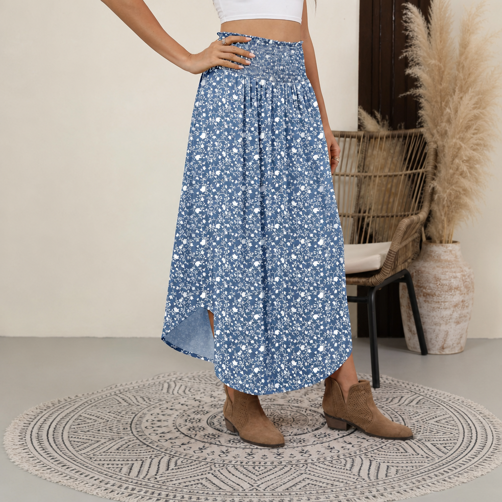 Summer Boho Floral Flowy Pleated Maxi Skirts With Pockets For Women