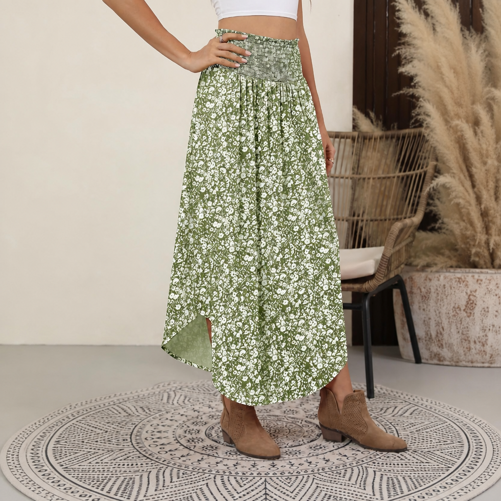 Summer Boho Floral Flowy Pleated Maxi Skirts With Pockets For Women