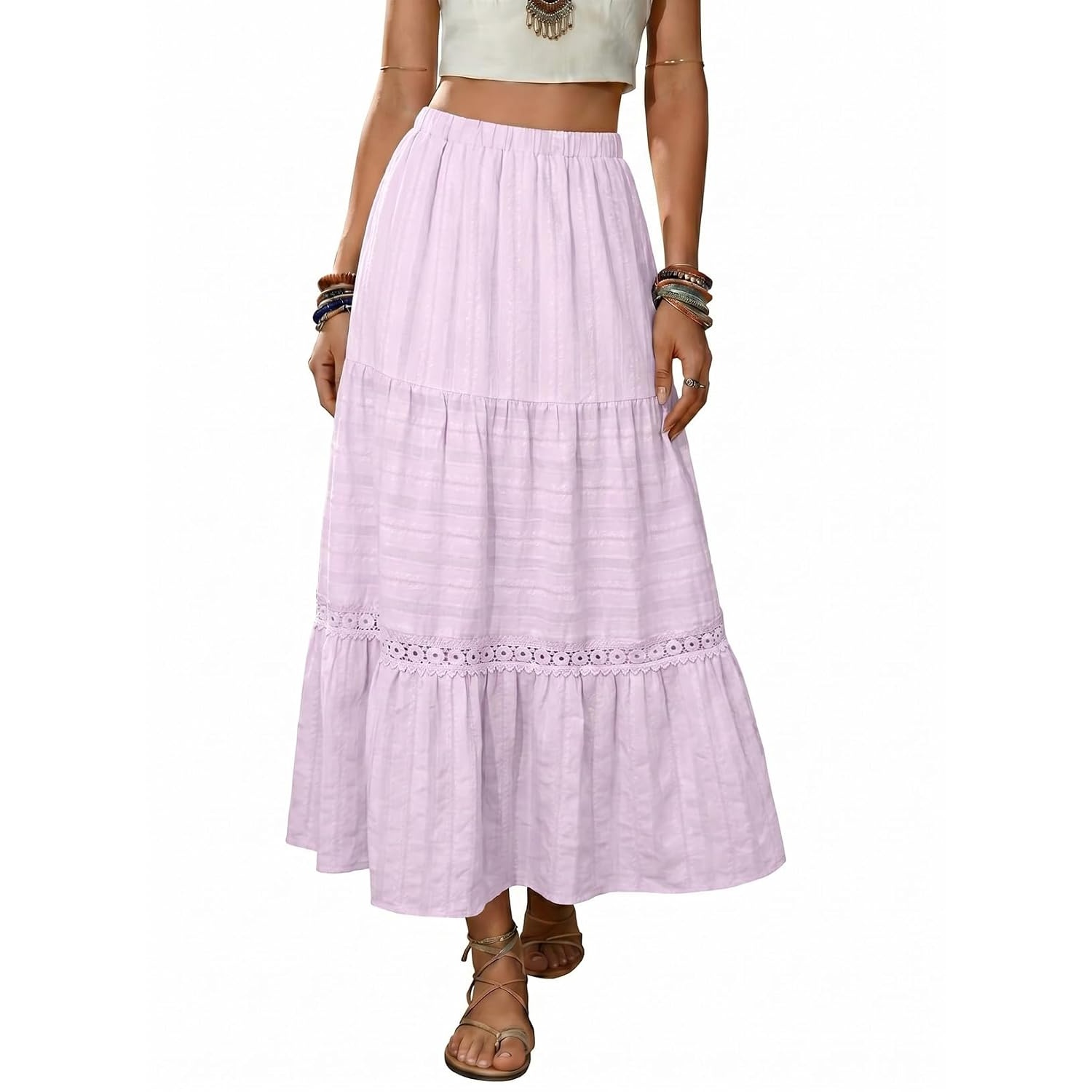 Boho Crochet Lace Tiered Cotton Maxi Skirt
