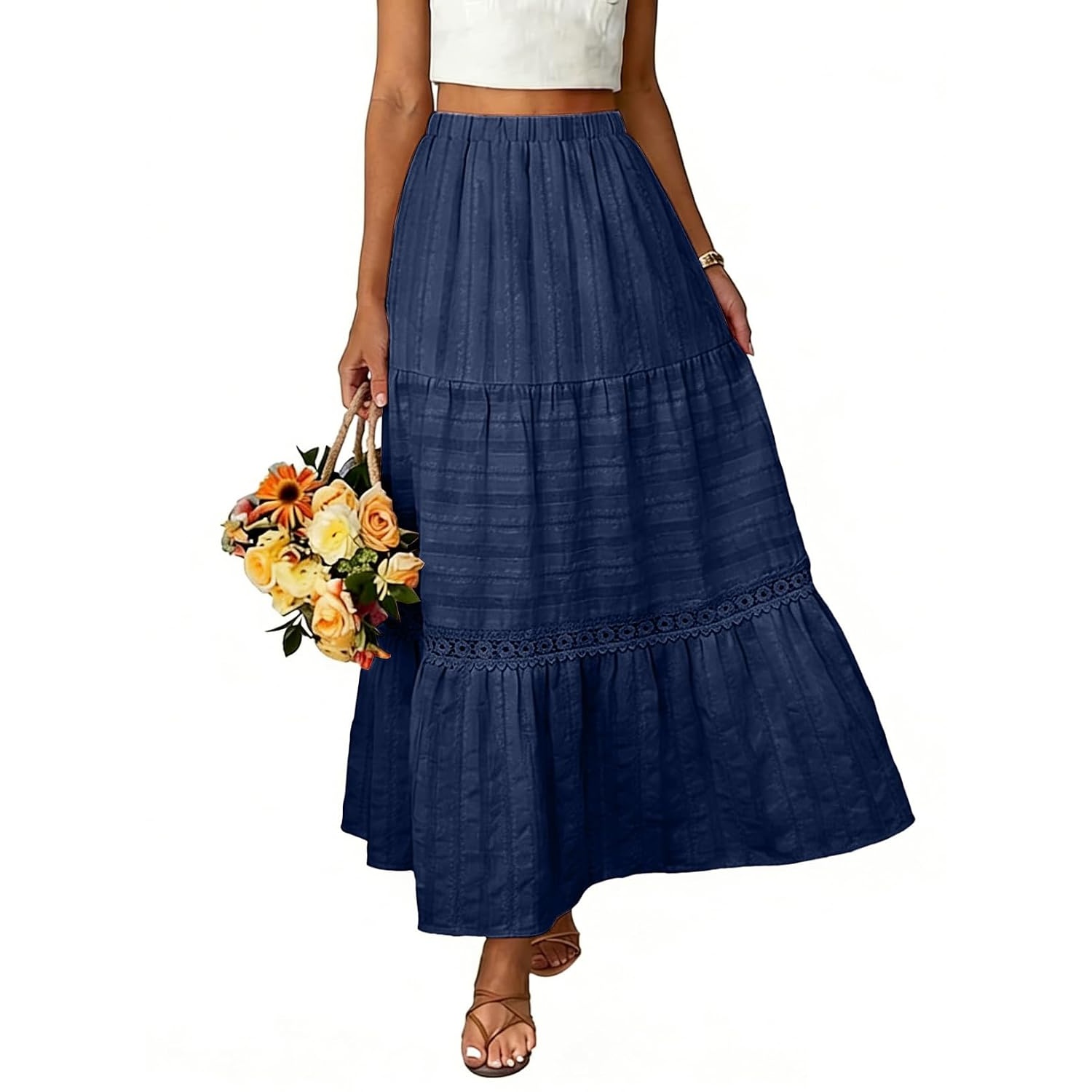 Boho Crochet Lace Tiered Cotton Maxi Skirt