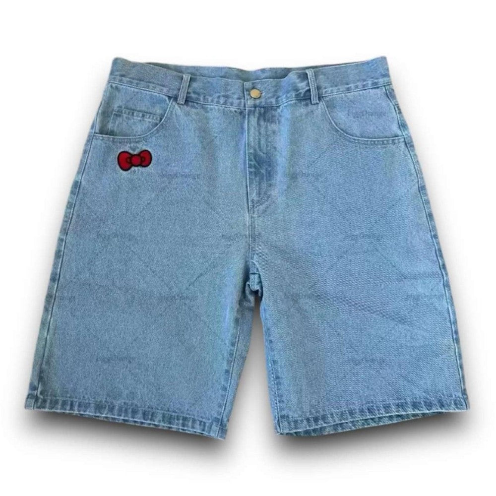 Embroidered Denim Shorts With Back Pocket Detail-Waves And Trunks