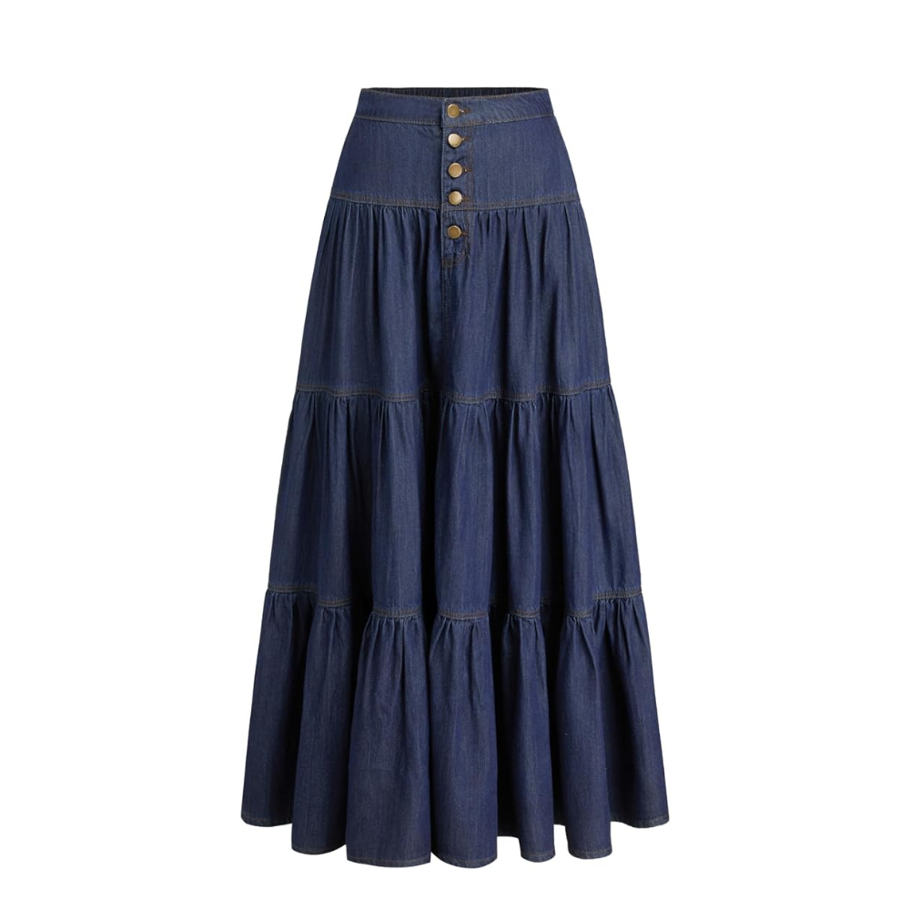 Long Tiered Button Down Denim Skirt For Women