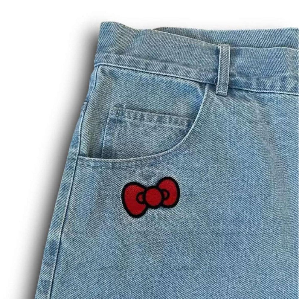 Embroidered Denim Shorts With Back Pocket Detail-Waves And Trunks