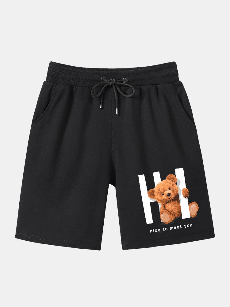Bear Print Shorts With Drawstring-Waves And Trunks