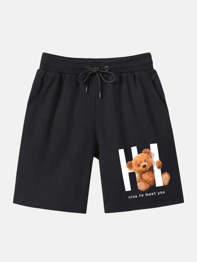 Bear Print Shorts With Drawstring-Waves And Trunks