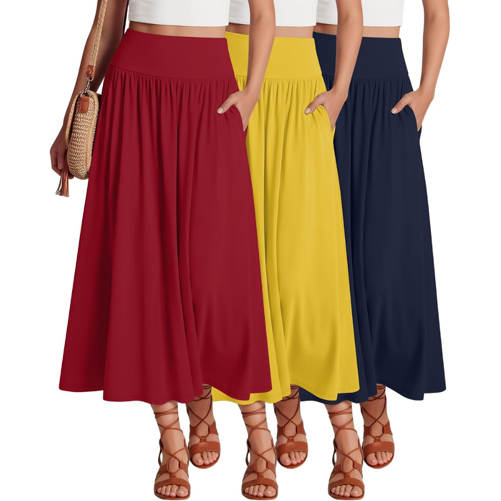 Pack Of 3 Casual Pleated Summer Length A Line Skirts For Women