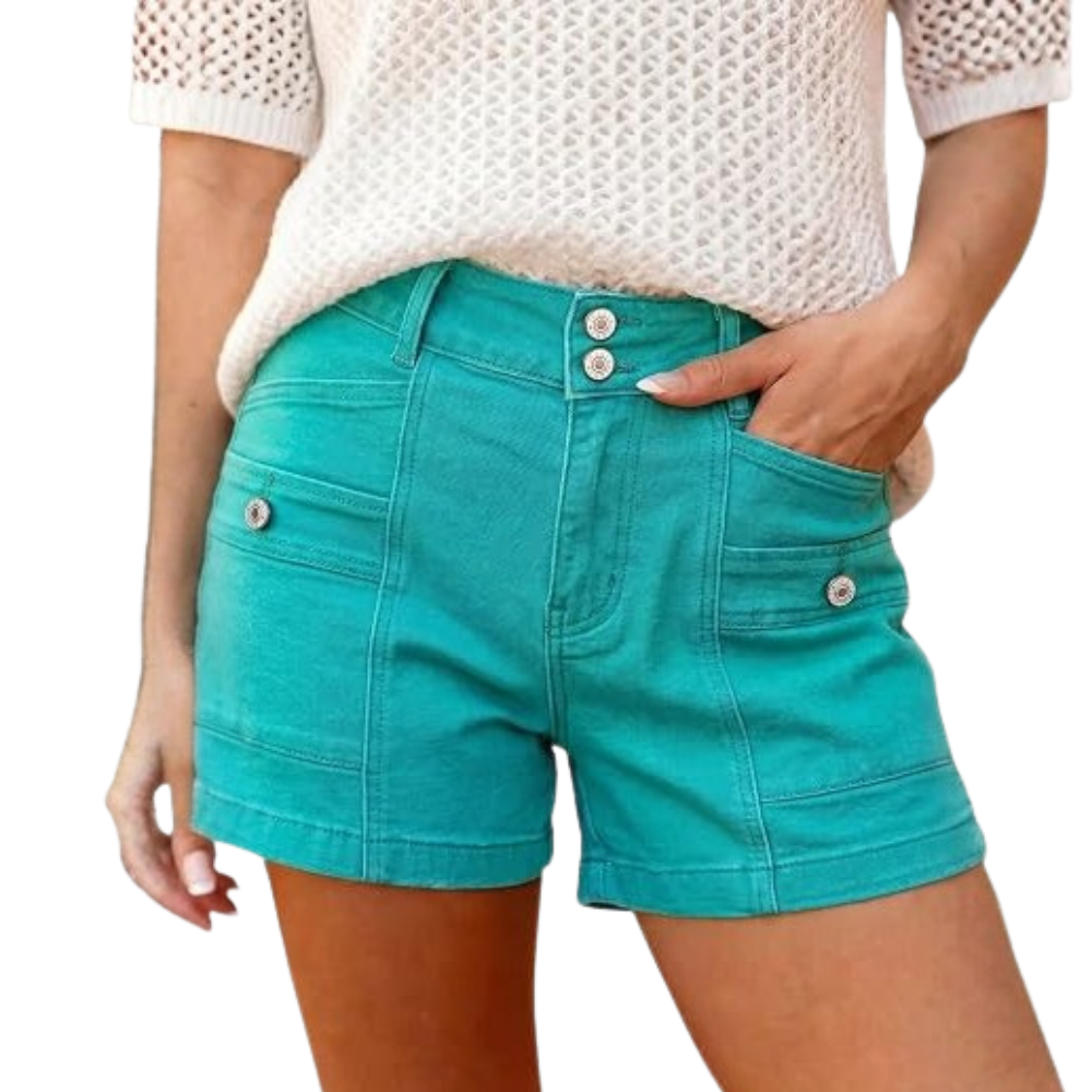 High Waisted Stretch Double Button Denim Shorts For Women