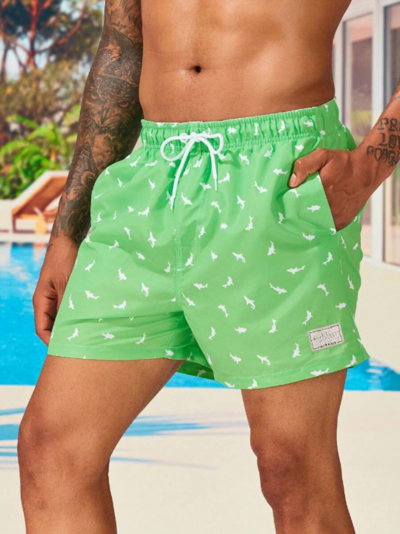 Animal Patched Print Drawstring Swim Trunks-Waves And Trunks