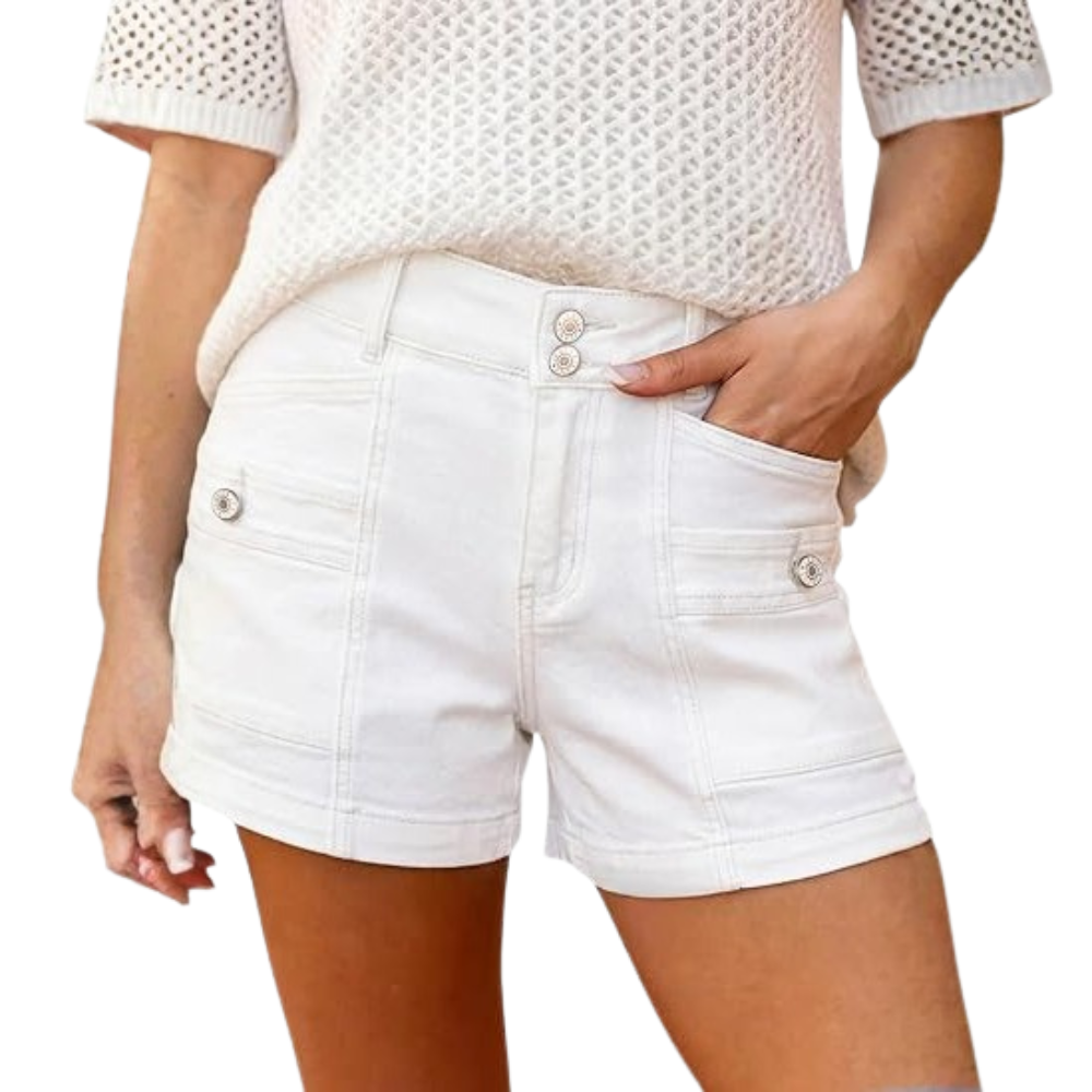 High Waisted Stretch Double Button Denim Shorts For Women
