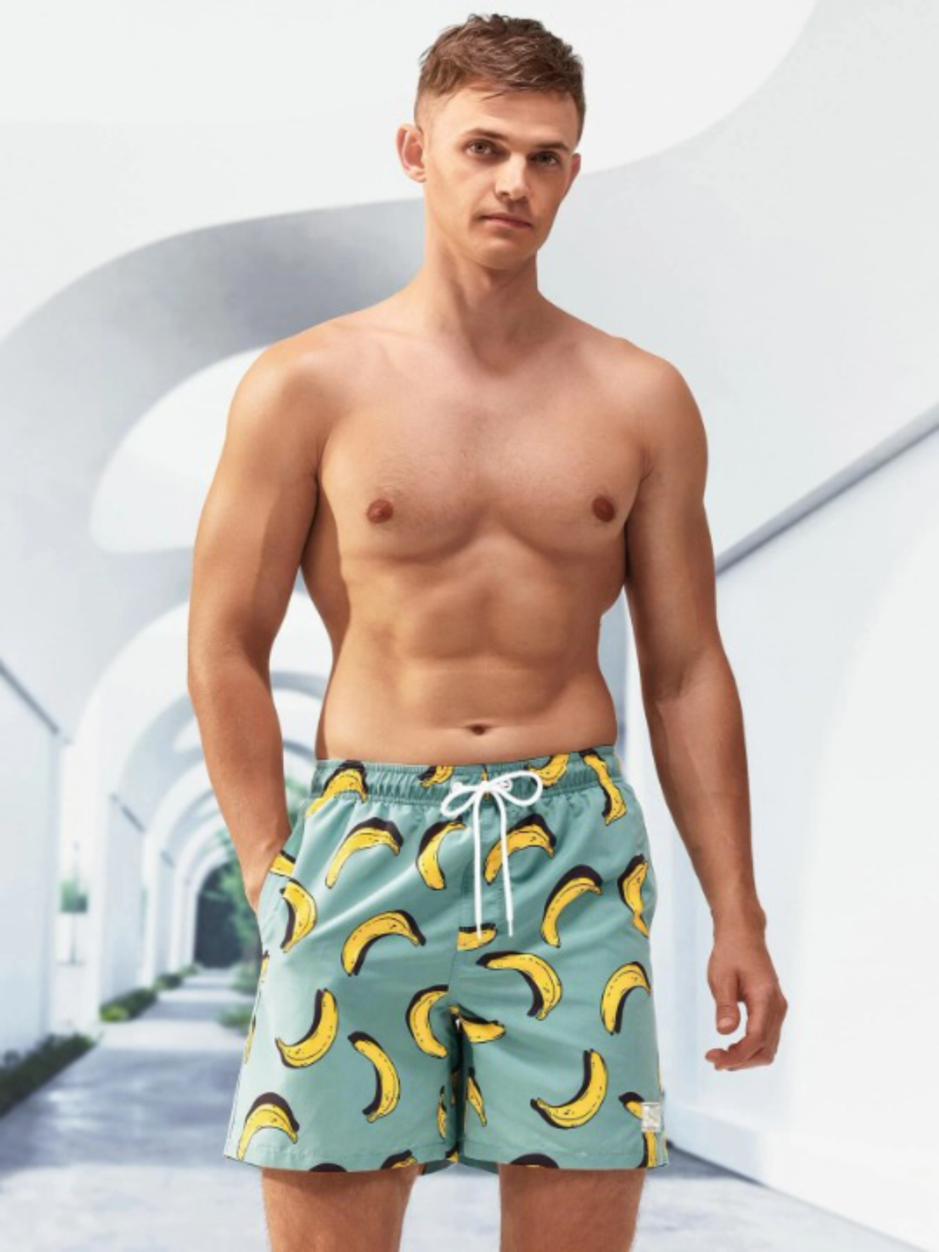 Banana Print Drawstring Waist Swim Trunks-Waves And Trunks
