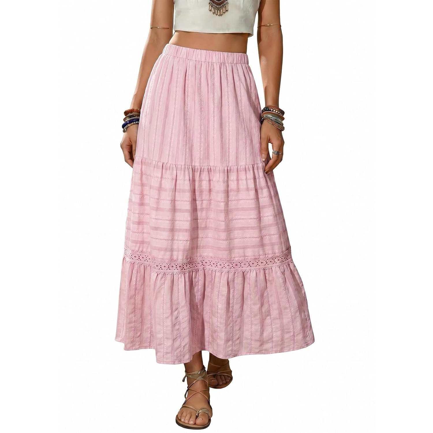 Boho Crochet Lace Tiered Cotton Maxi Skirt