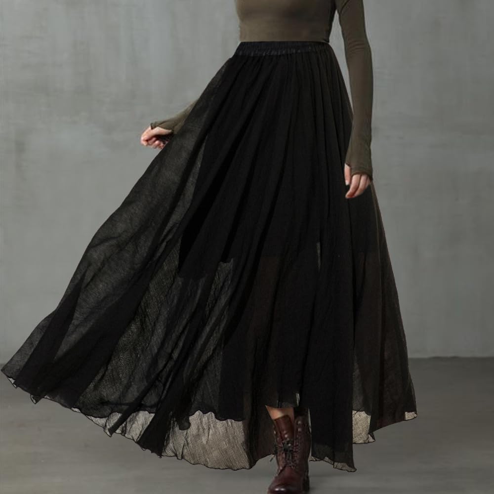 Bohemian Cotton Linen Elastic Maxi Skirt