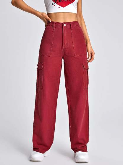 High Rise Flap Pocket Wide Length Jeans-Waves And Trunks