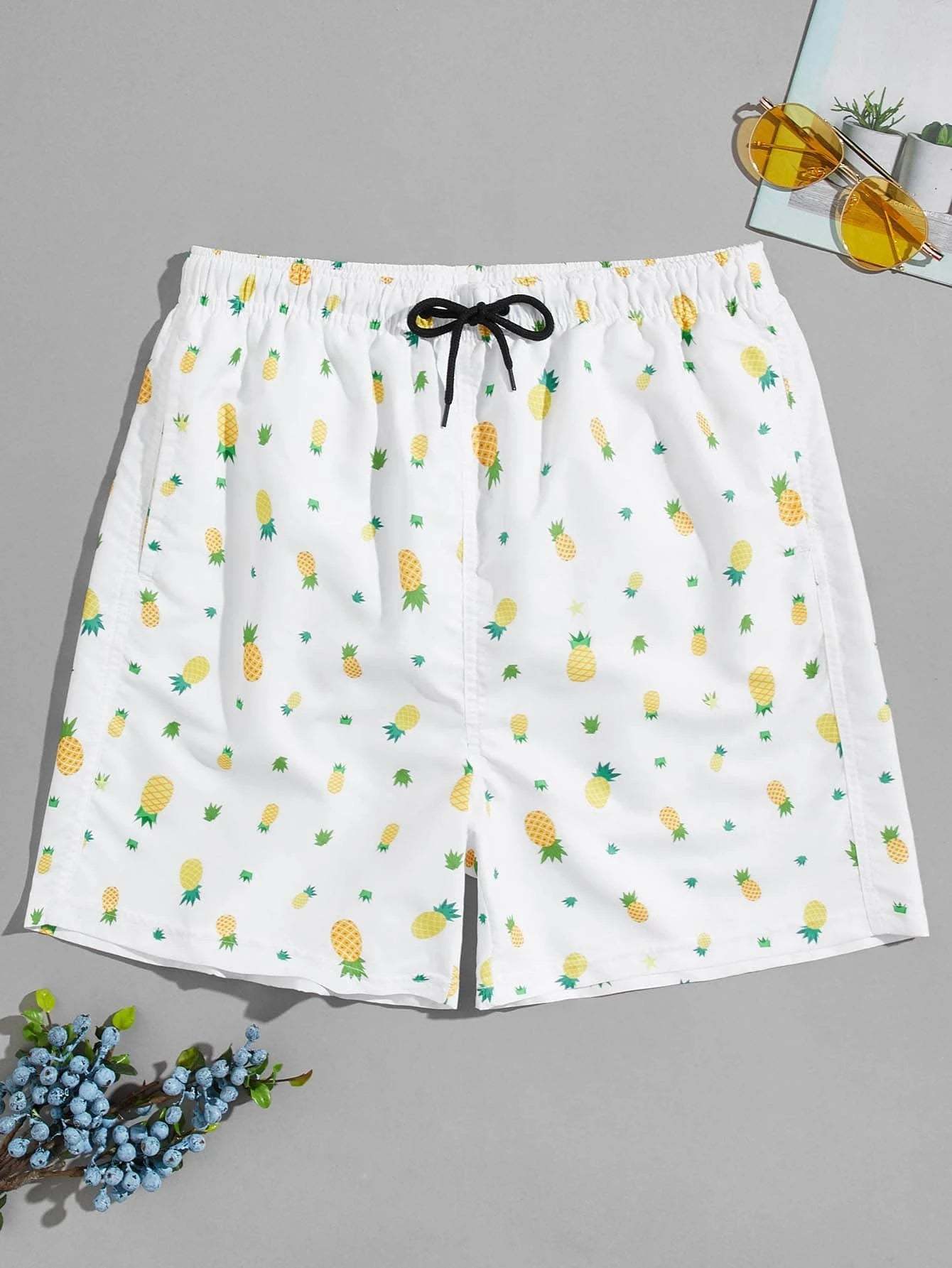 Allover Pineapple Print Beach Shorts-Waves And Trunks