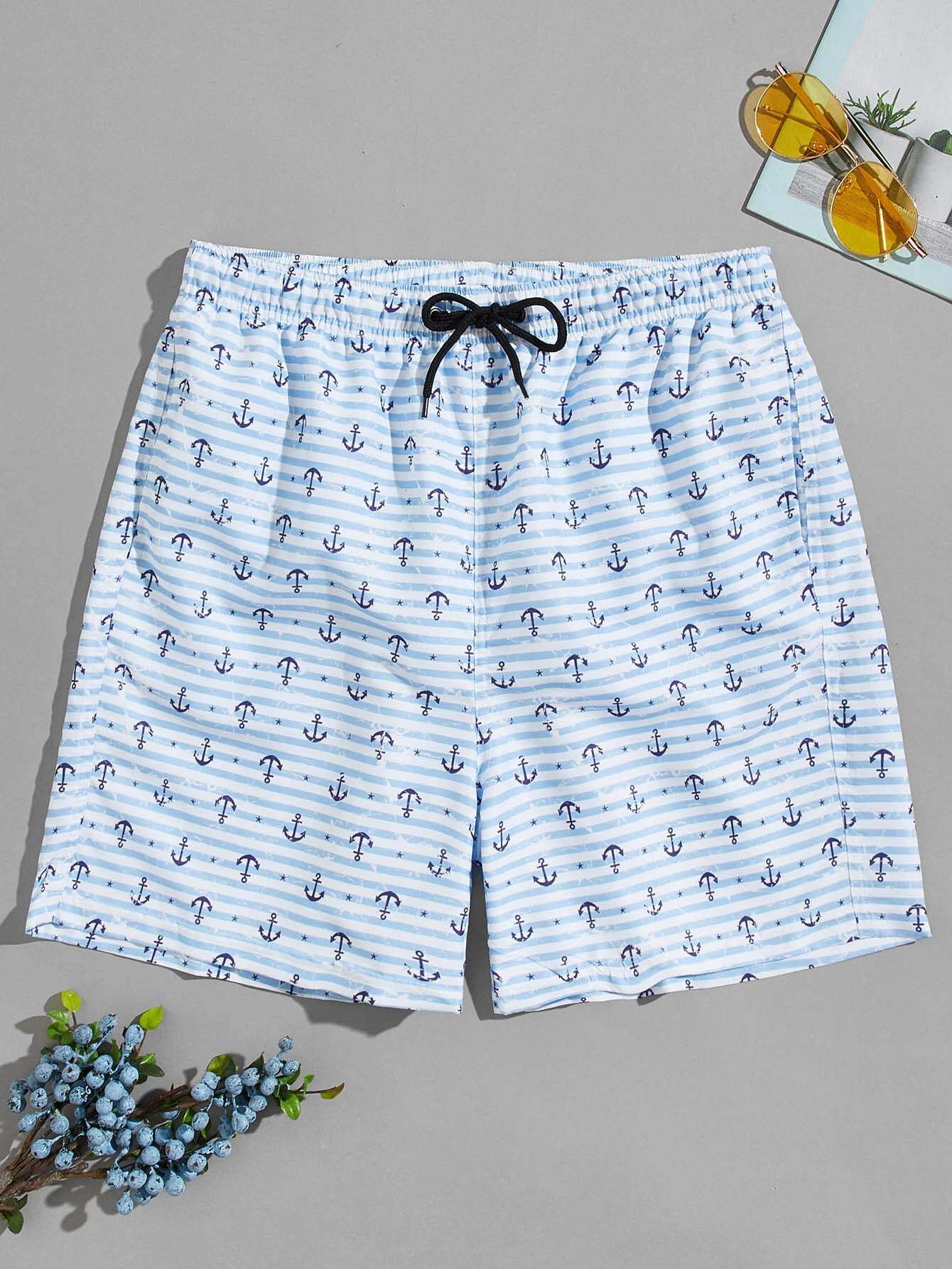 Anchor Print Drawstring Swim Shorts-Waves And Trunks