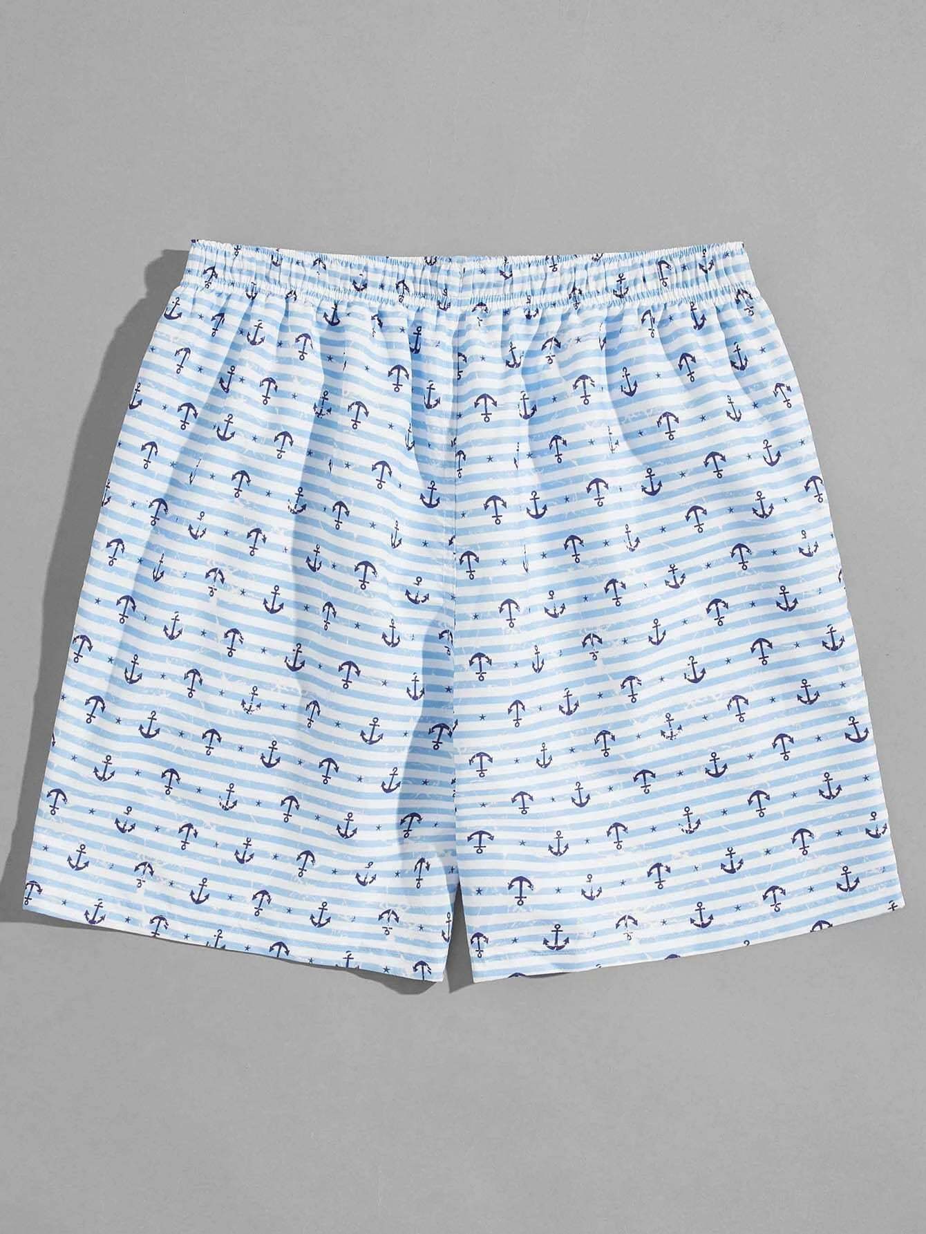 Anchor Print Drawstring Swim Shorts-Waves And Trunks