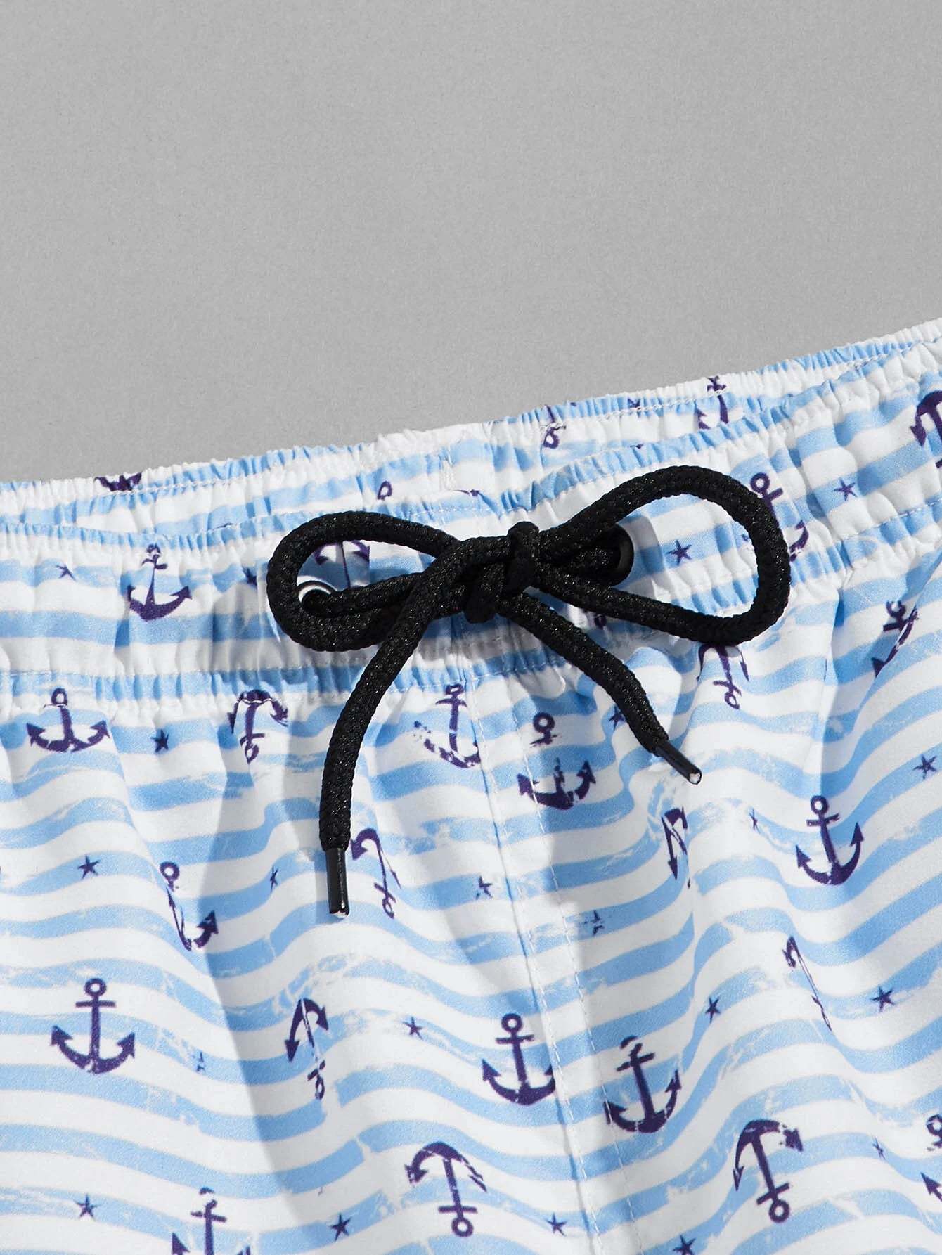 Anchor Print Drawstring Swim Shorts-Waves And Trunks