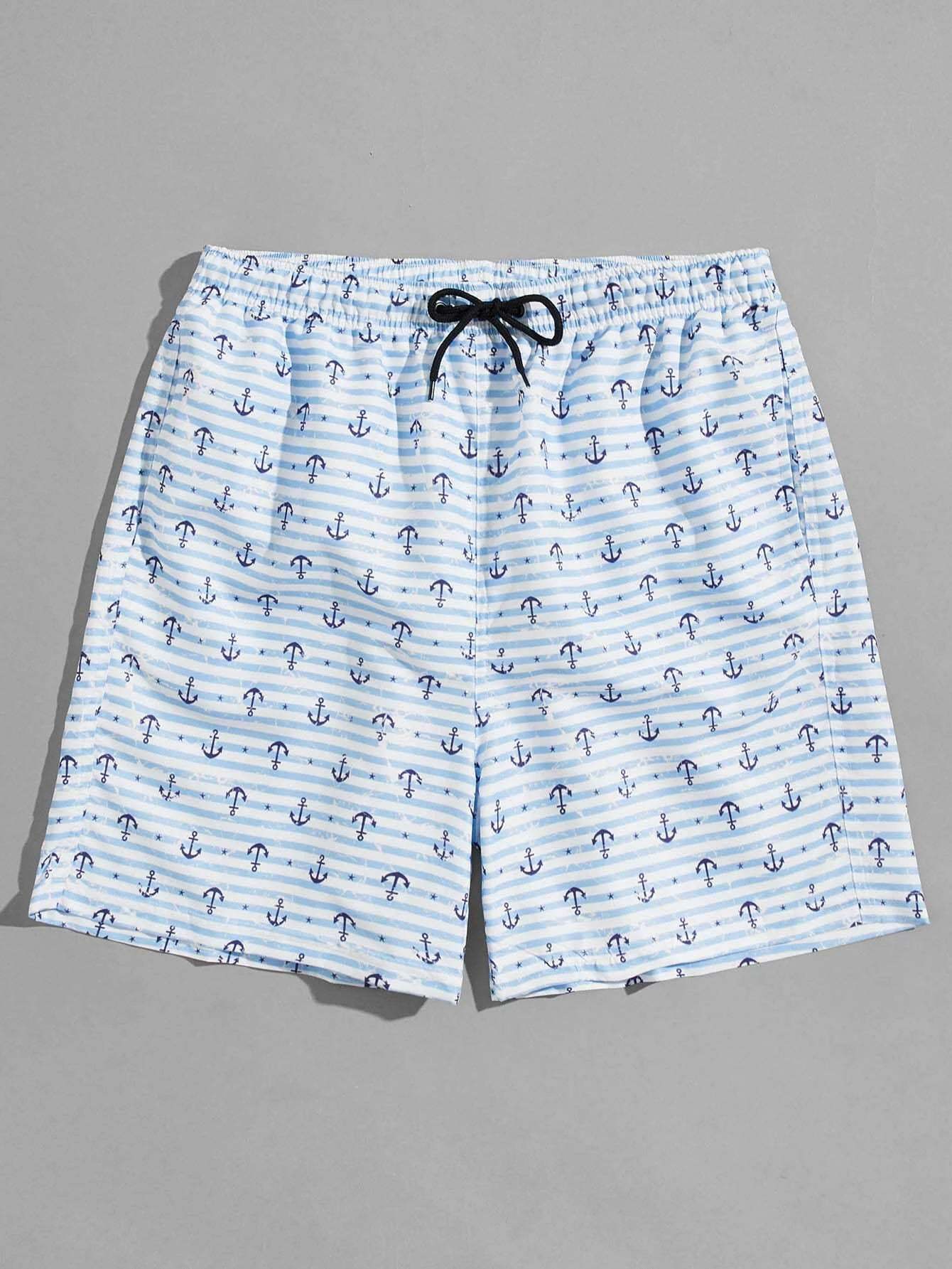 Anchor Print Drawstring Swim Shorts-Waves And Trunks