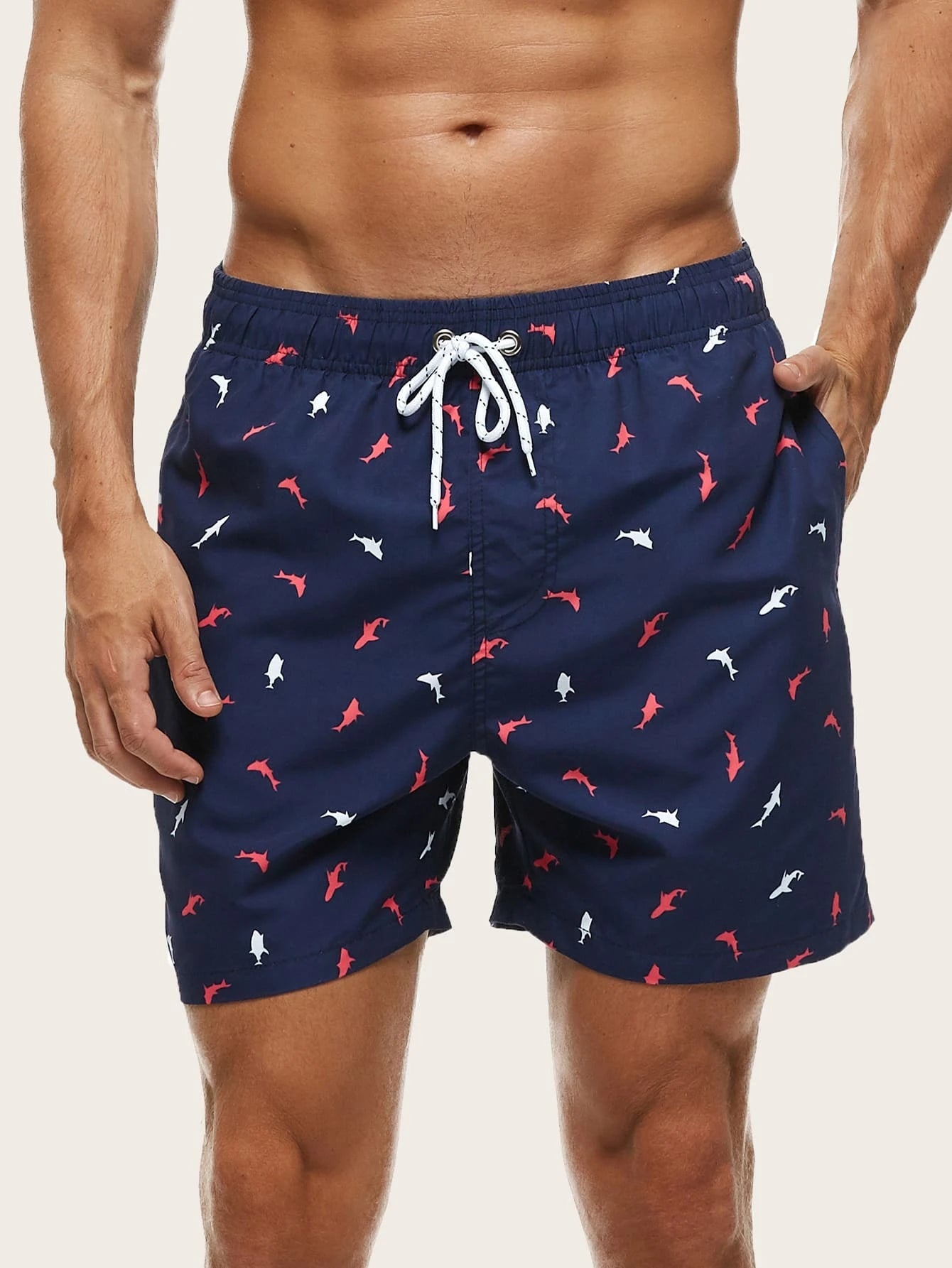 Fish Print Drawstring Waist Swim Trunks-Waves And Trunks