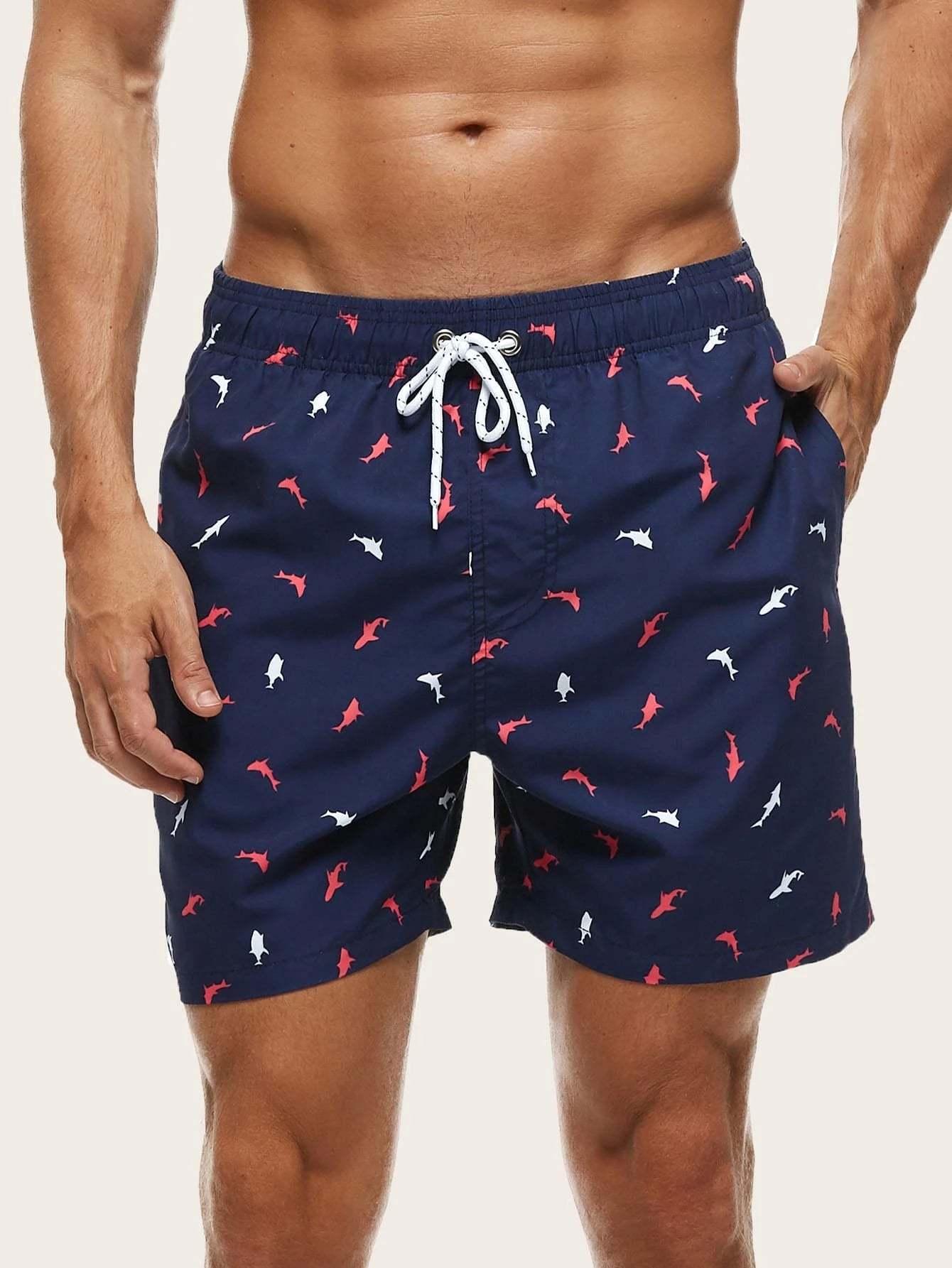 Fish Print Drawstring Waist Swim Trunks-Waves And Trunks