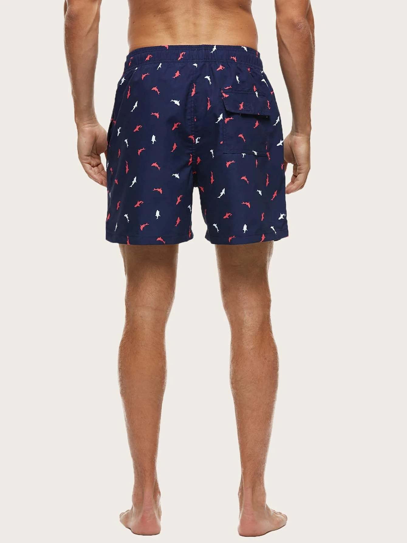 Fish Print Drawstring Waist Swim Trunks-Waves And Trunks