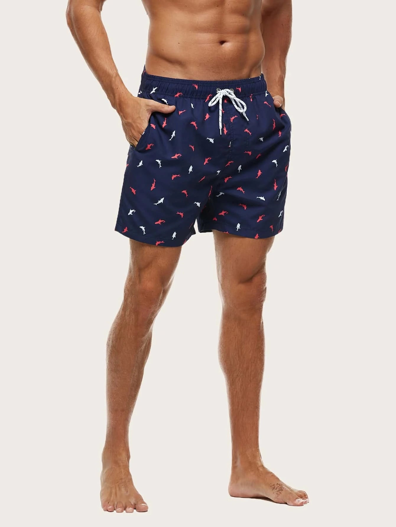 Fish Print Drawstring Waist Swim Trunks-Waves And Trunks
