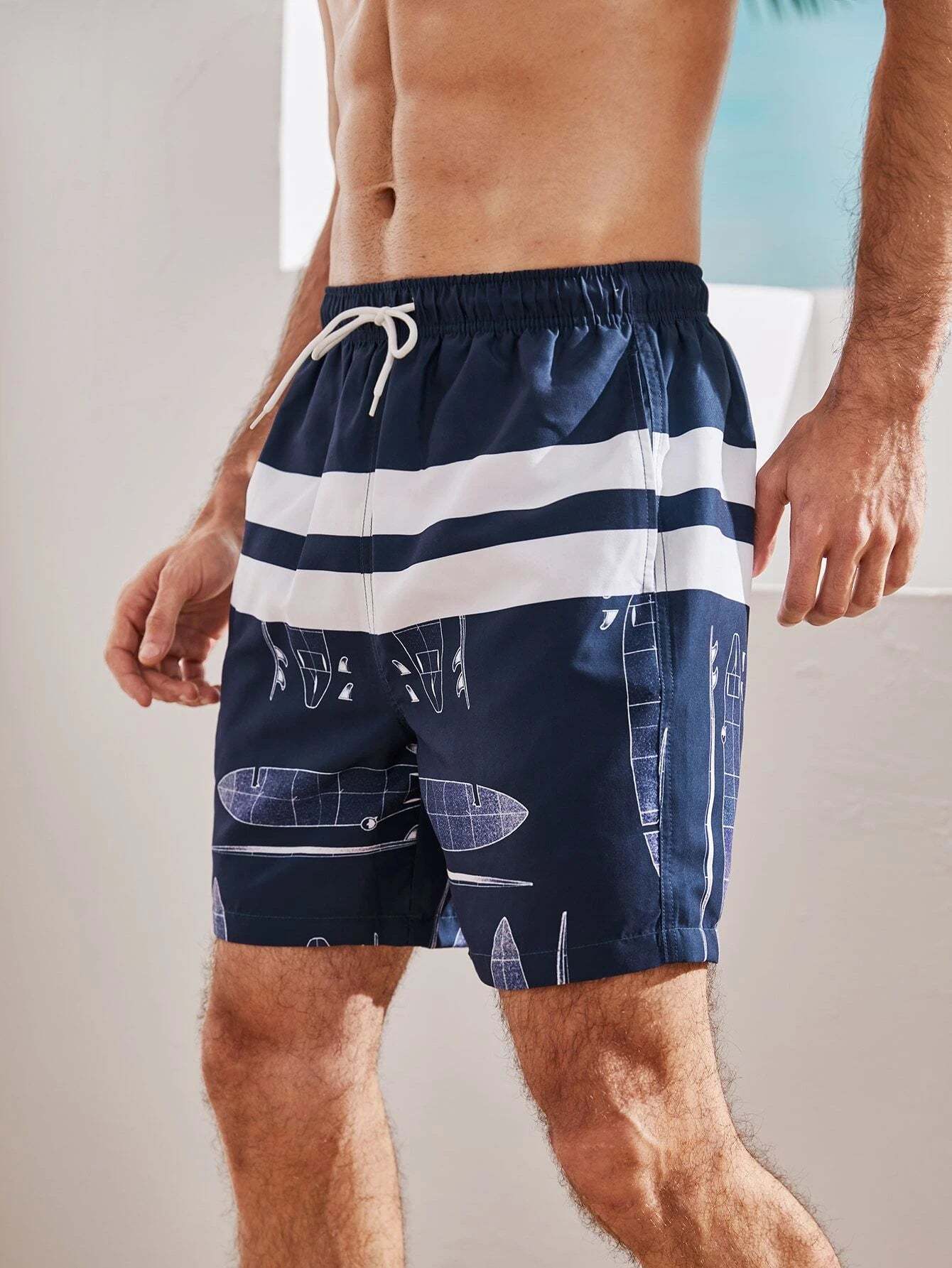 Graphic Print Drawstring Waist Swim Shorts-Waves And Trunks