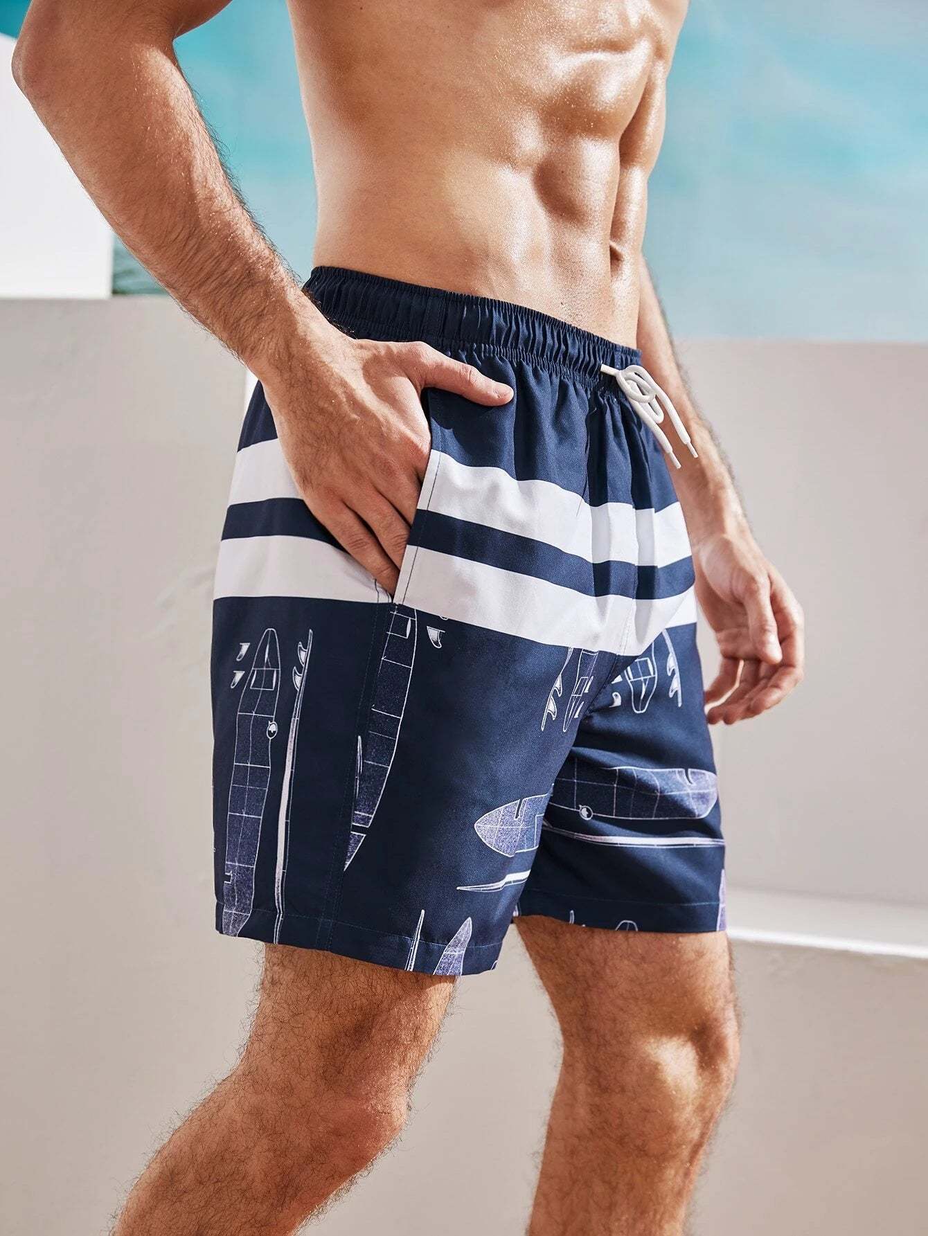 Graphic Print Drawstring Waist Swim Shorts-Waves And Trunks