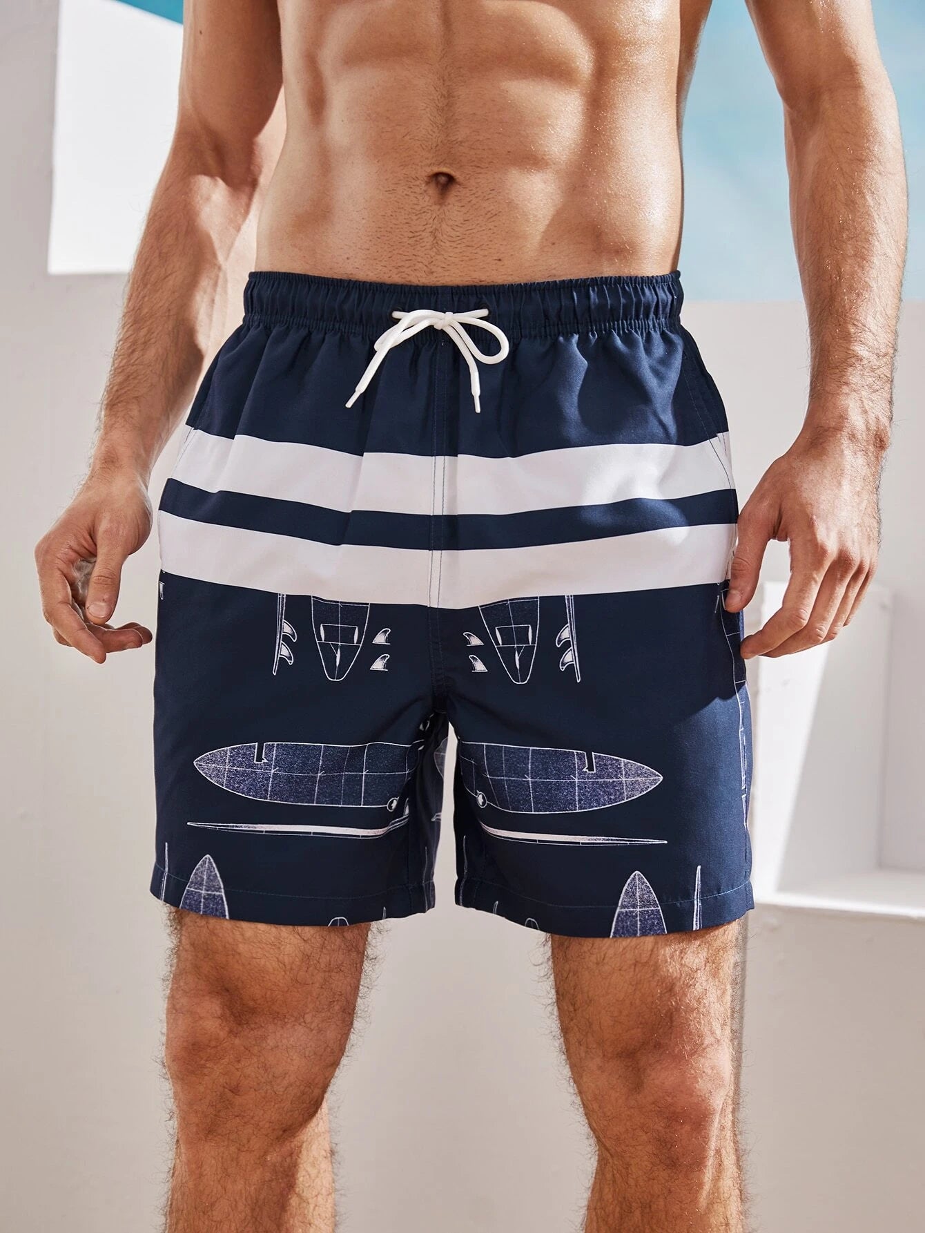 Graphic Print Drawstring Waist Swim Shorts-Waves And Trunks