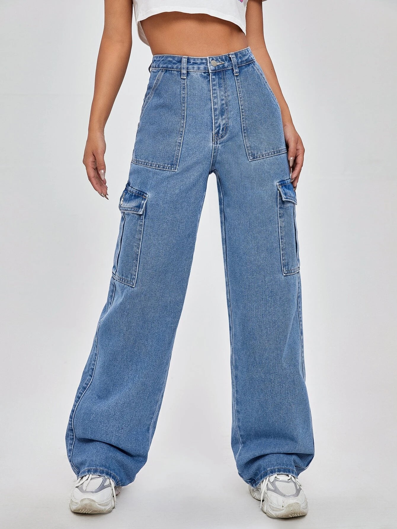 High Rise Flap Pocket Wide Length Jeans-Waves And Trunks