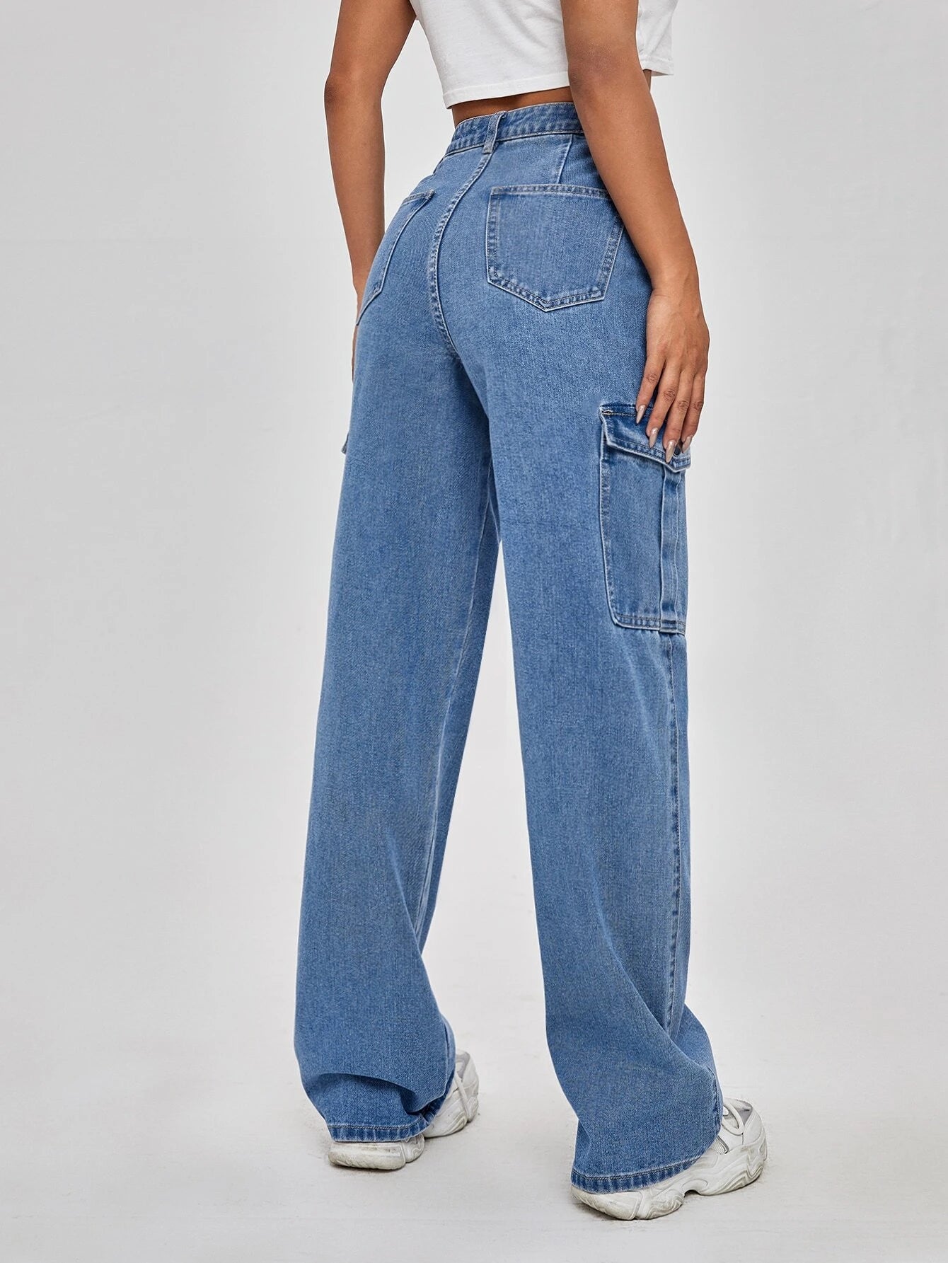 High Rise Flap Pocket Wide Length Jeans-Waves And Trunks
