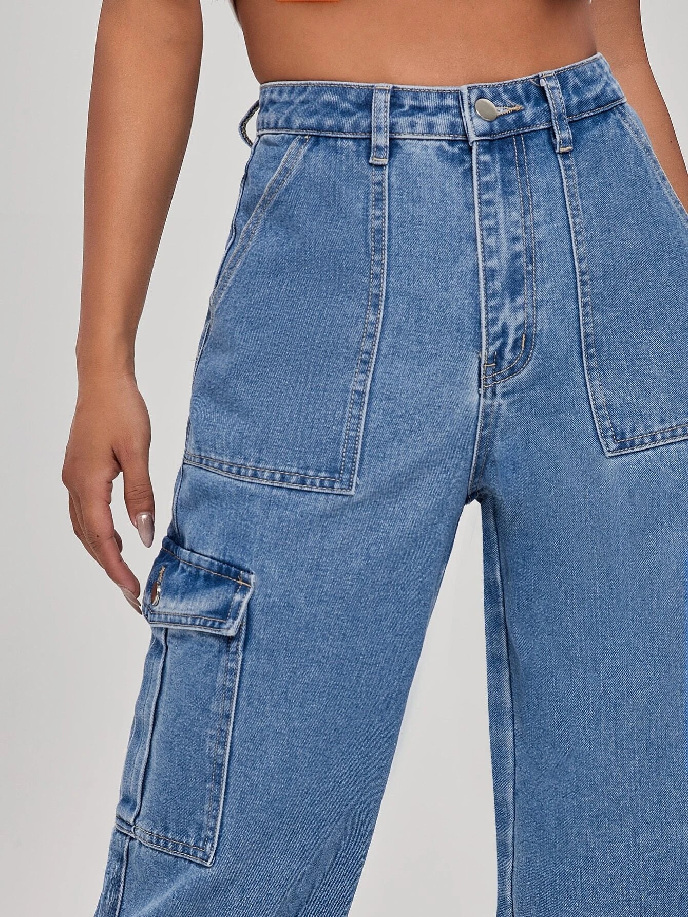 High Rise Flap Pocket Wide Length Jeans-Waves And Trunks