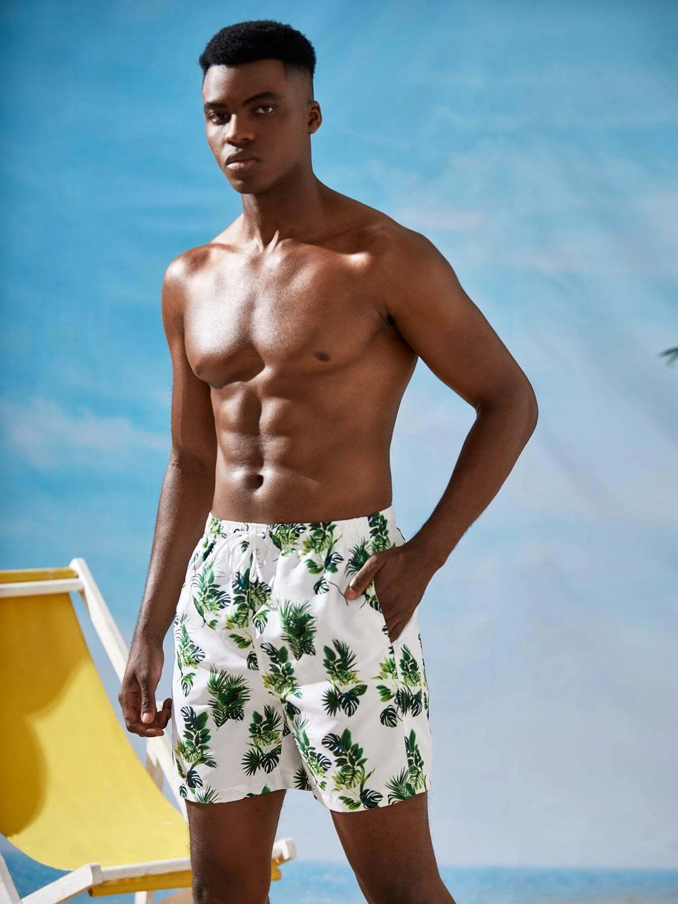 Drawstring Waist Fabric Print Shorts-Waves And Trunks