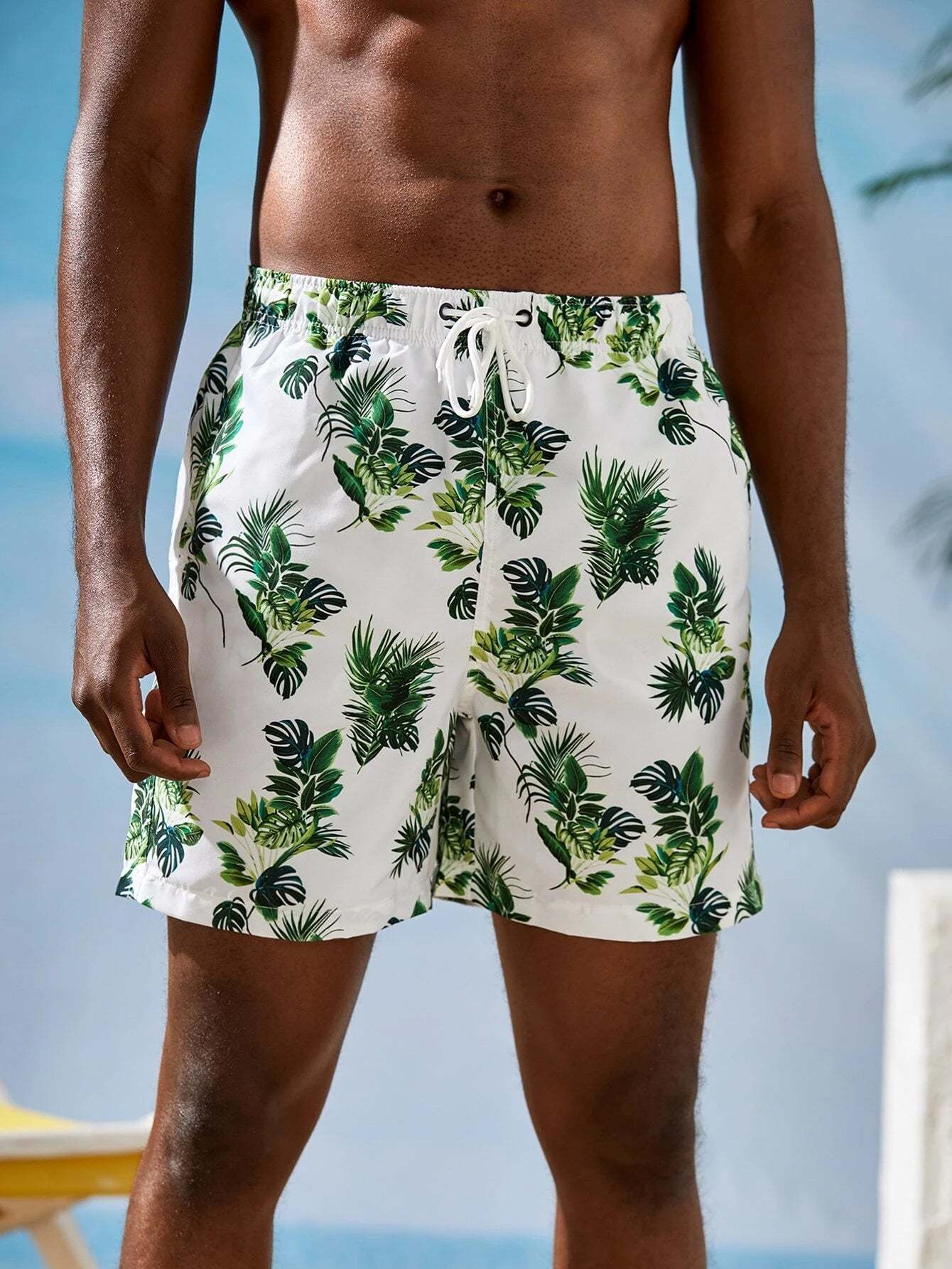 Drawstring Waist Fabric Print Shorts-Waves And Trunks