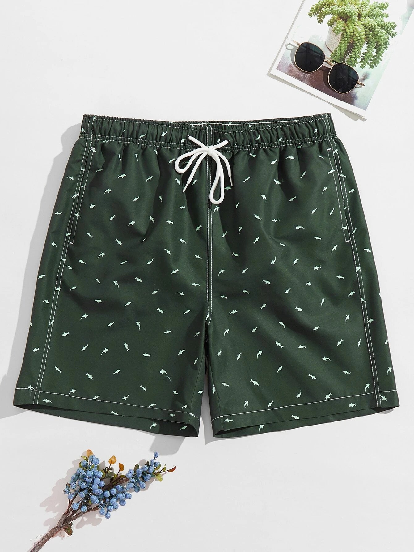 All Over Print Drawstring Waist Non Stretch Swim Trunks-Waves And Trunks