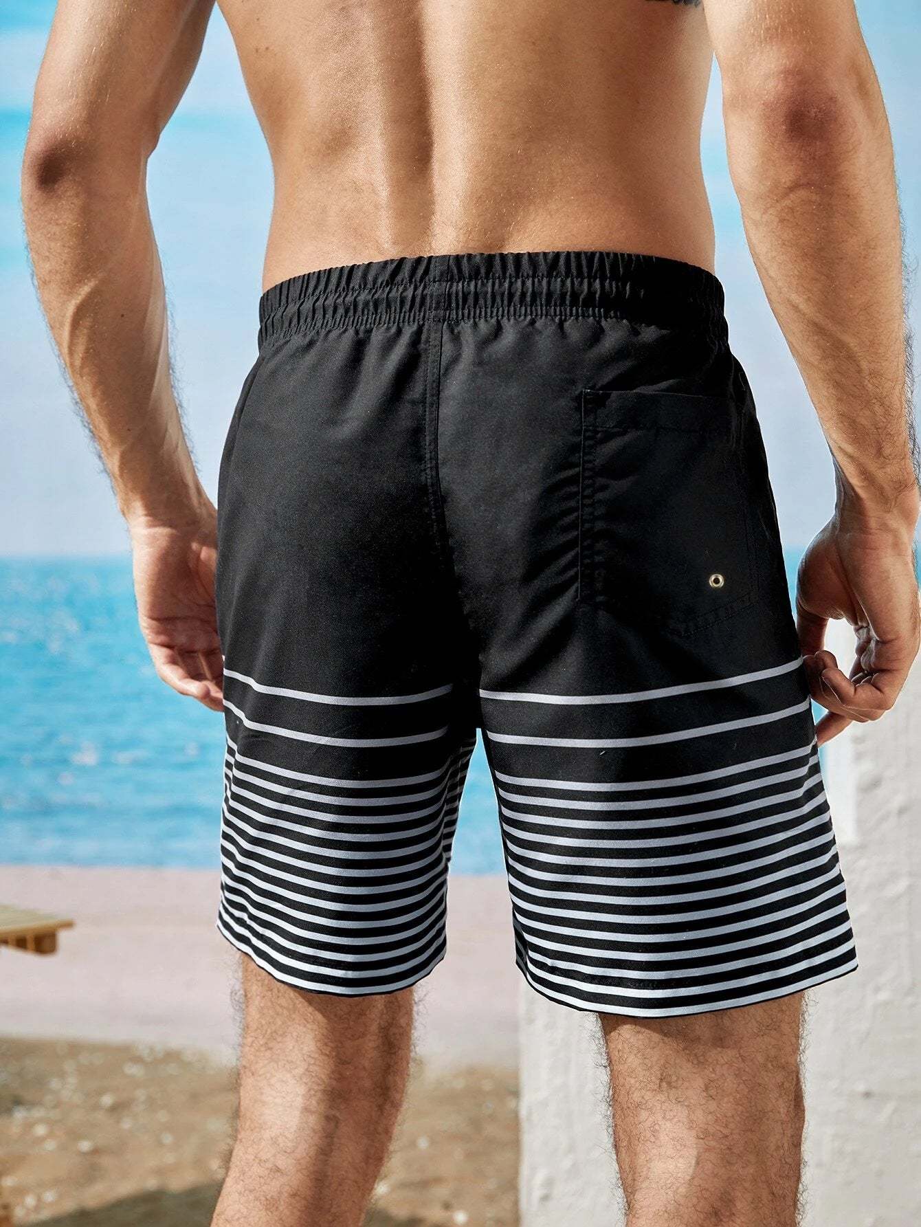 Striped Print Flap Pocket Beach Shorts-Waves And Trunks