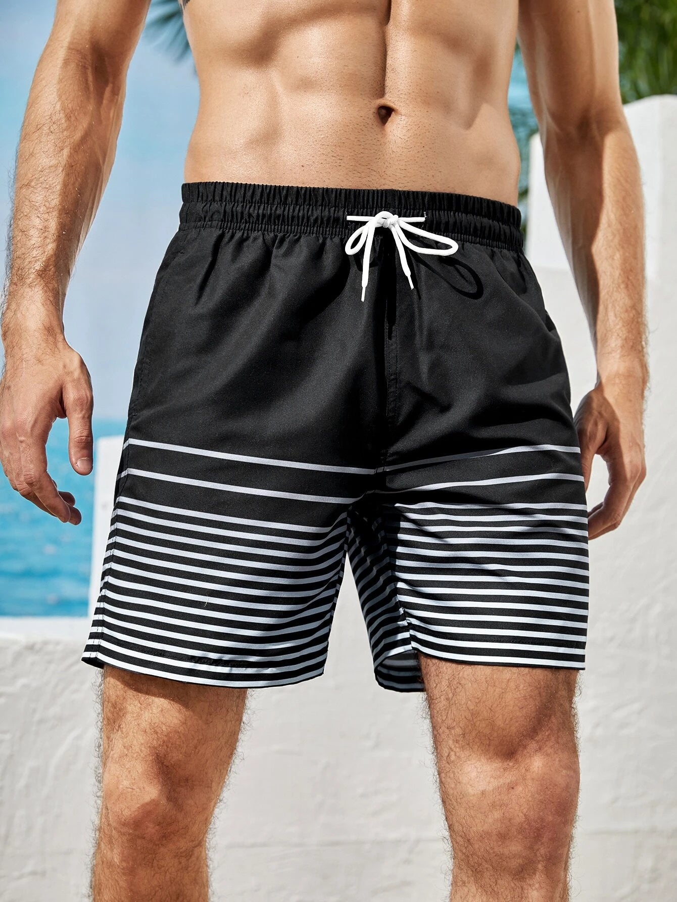 Strips Print Drawstring Waist Swim Shorts-Waves And Trunks