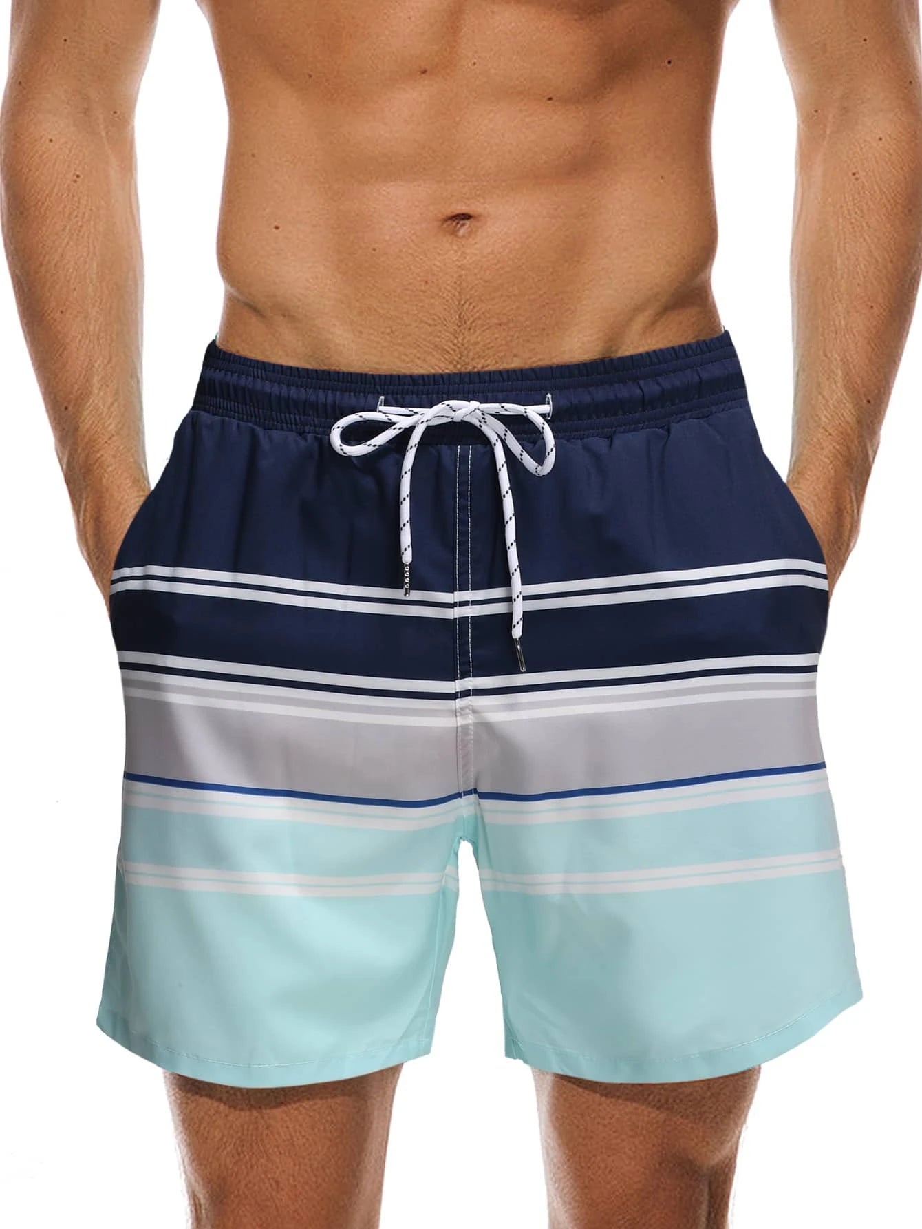 Striped Patched Drawstring Shorts With Slight Stretch-Waves And Trunks