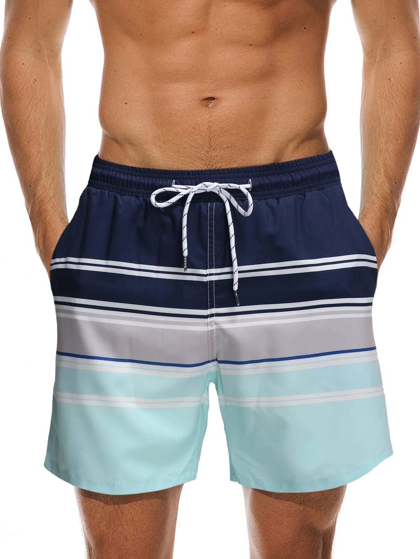 Striped Patched Drawstring Shorts With Slight Stretch-Waves And Trunks