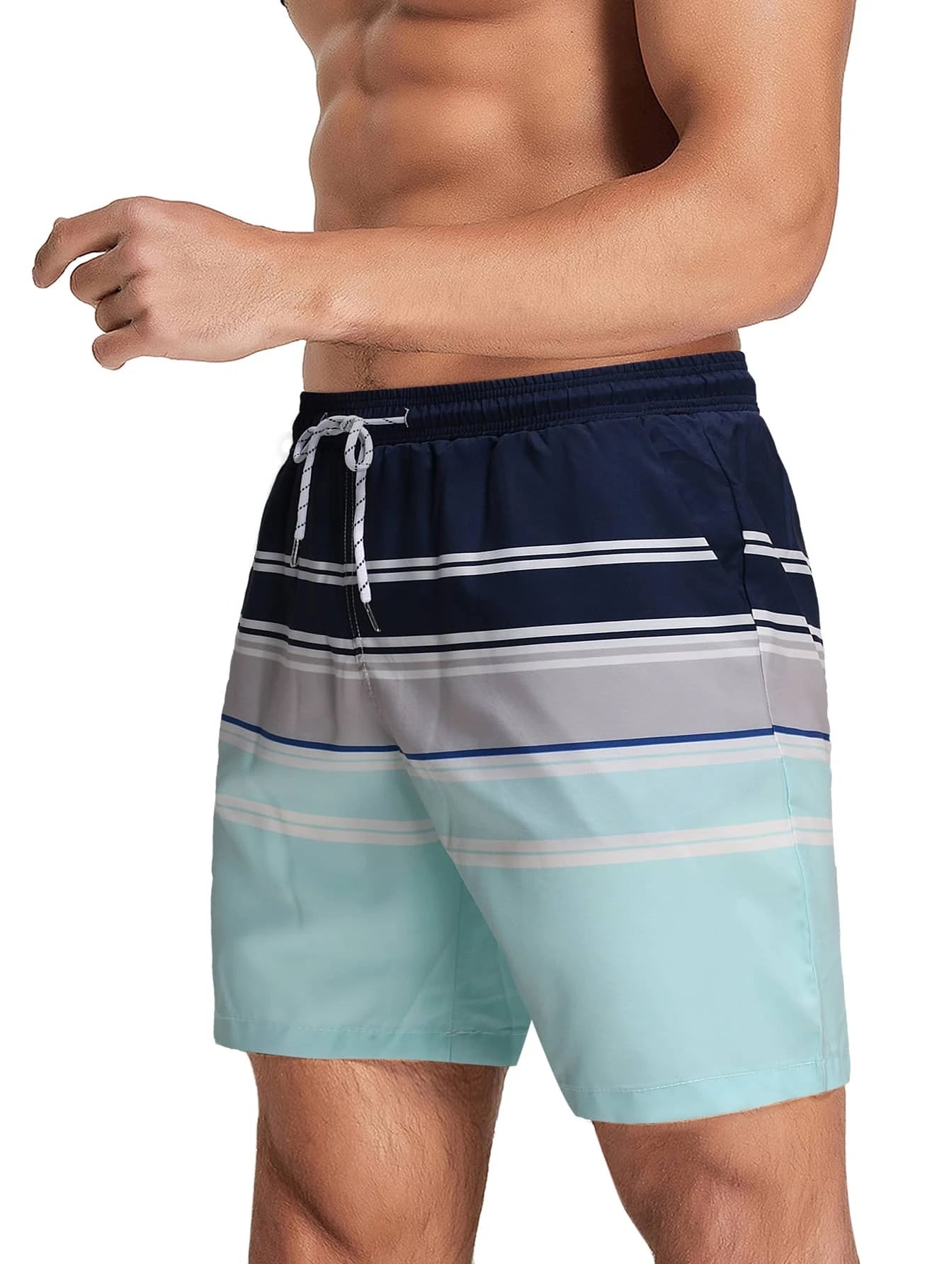 Striped Patched Drawstring Shorts With Slight Stretch-Waves And Trunks
