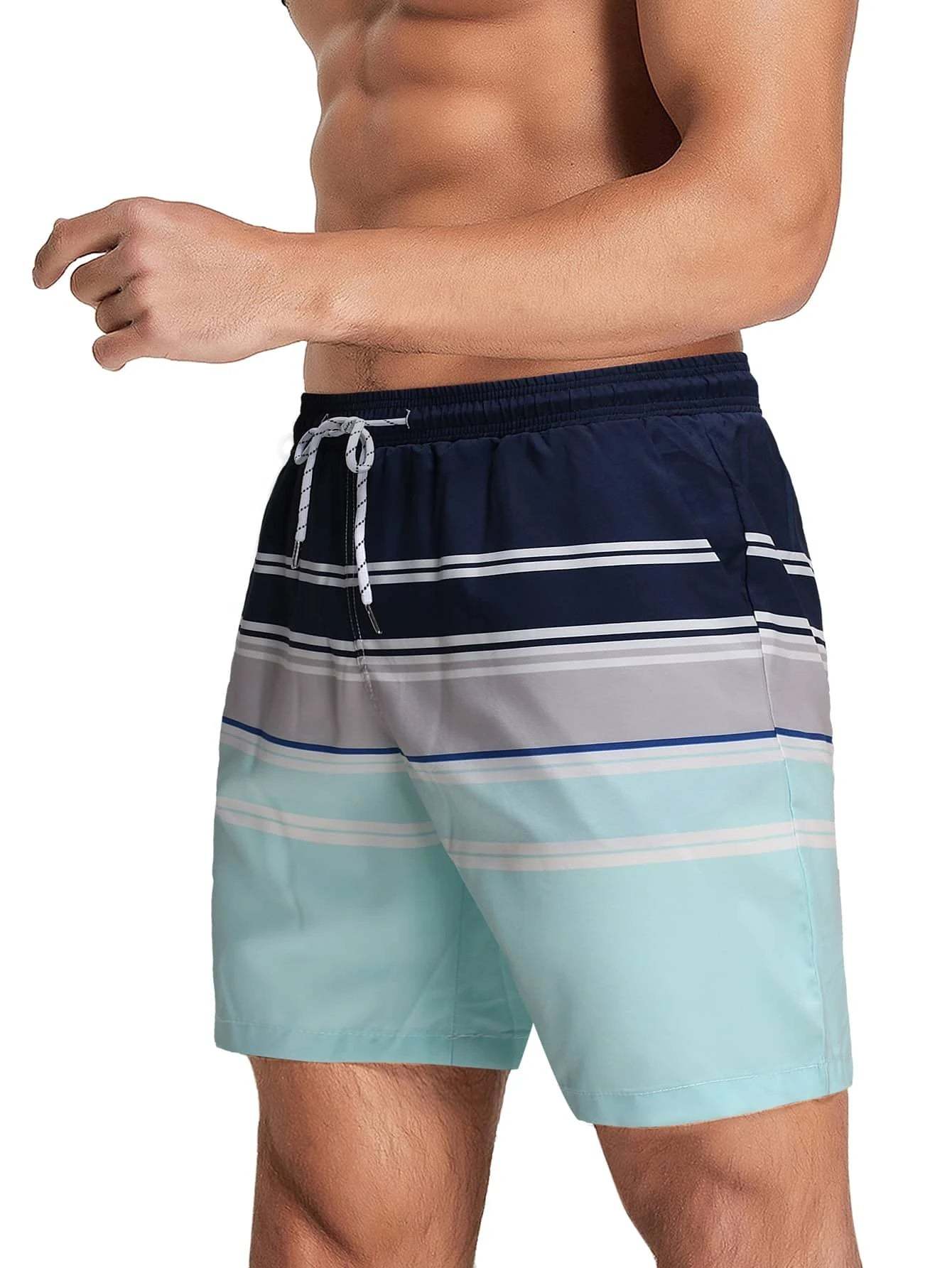Striped Patched Drawstring Shorts With Slight Stretch-Waves And Trunks